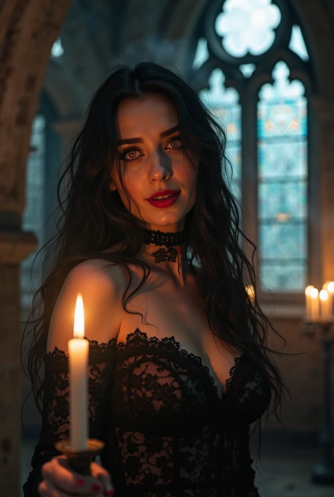 Raven Noir  a striking woman figure with long, raven-black hair that cascades down her back in waves. Her pale skin contrasts sharply with her dark attire. She has piercing grey eyes that seem to hold a depth of unspoken secrets. Standing at a medium height, her presence accentuated by her elegant, gothic attire, often featuring dark, lacy dresses and a choker with a silver pendant. She moves with a grace that both alluring and slightly unnerving amazing artwork of sexy cute goth vampire woman, long hair, ahegao, materpiece, d, amazing lighting, in a church, artstation, award winning, stunning, aesthetic, depth, shading. A full shot of a beautiful vampire goth woman with vampire fangs dripping blood all over her body, black hair white skin, big , cinematic lighting, candle lit, ((wearing stockings and garter)) (((no clothes))), (((naked))), (delicate nipples), (tight ). Realistic, photorealism, 4k. Sexy gaze, (((NSFW)))