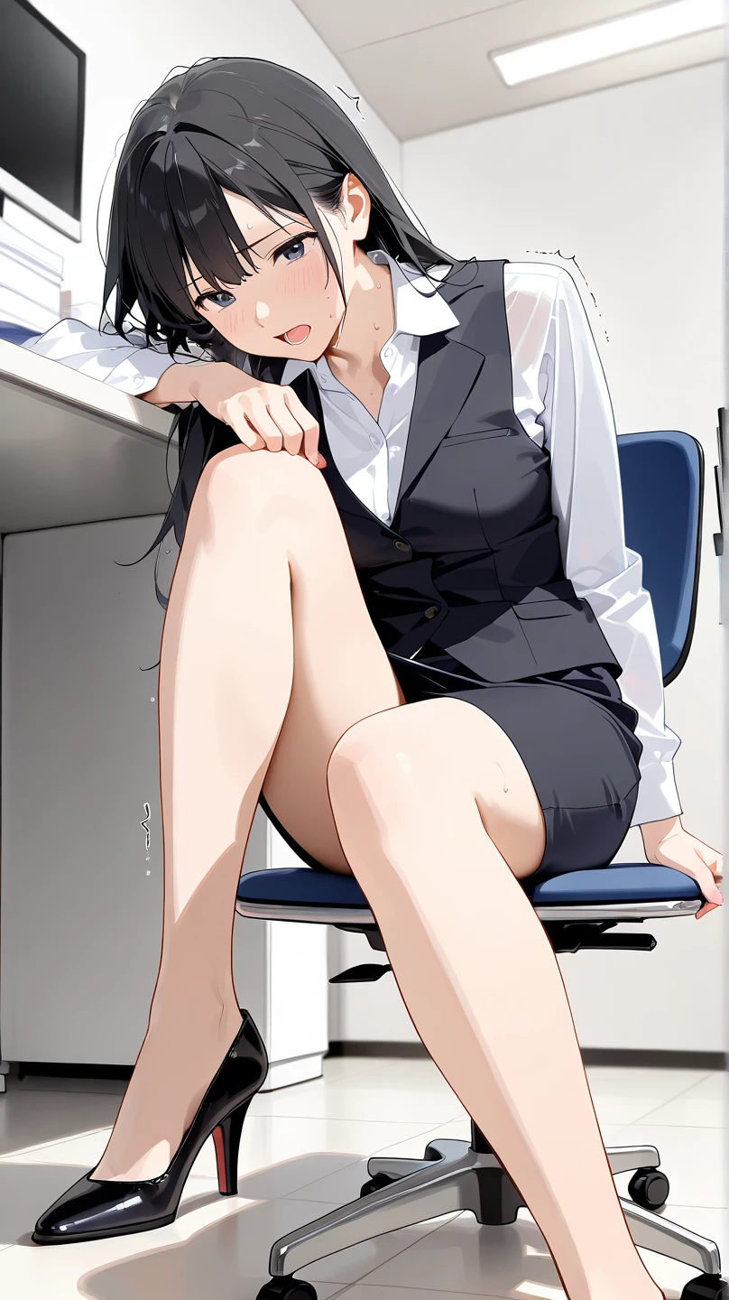 1girls, full body, fit muscular body, taked from bottom, low angel, sharp detailing ((8K, HD, ultra smooth rendering, detail, ultra detailing, dynamic lighting, dynamic range, (((POV))), detailed 360° office background, cinematic)) (bright skin: 1.5)) ((realistic skin texture: 1.8)) seductive pose, seducing face, smile-mouth slightly open, makeup, detailed pupils, half-closed eyes, banged, offside pupils, black hair, short haircut, office lady, wearing blue suit, uniform, wet white shirt, mini skirt, stocking, garter belt, wearing heels, spread legs, image of a woman in a black suit sitting at a desk, (sfw) safe for work, in a strict suit, in strict suit, wearing a strict business suit, office clothes, girl in a suit, girl in suit, [ 4 k digital art ]!!, highly detailed exquisite fanart, work clothes, fine details, arknight.