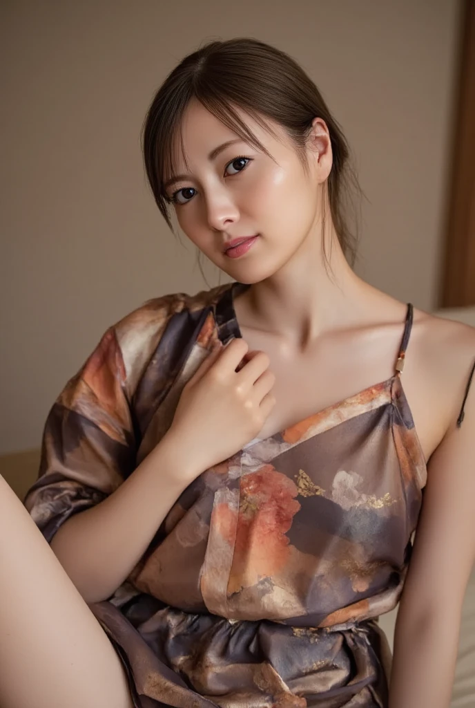 (realistic:1.3), rembrandt lighting, (masterpiece:1.2), (photorealistic:1.2), (highest quality), (fine skin:1.3), (intricate details), ray tracing,1 girl, japanese girl, 21 years old, fine skin texture, (blush:0.5), Scattered beneath the surface, smile, updo hair, bangs, hair between eyes, hair ornaments, kimono, Floral, Wearing edgJF_kimono, Seiza (bright sunny day, autumn setting, autumn tree々and leaves, (zen garden:1.2)