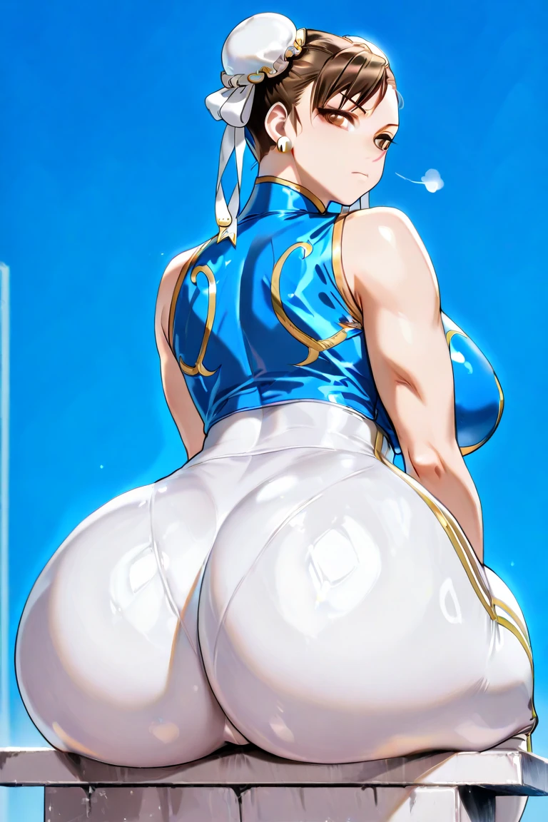 Chun-Li from Street Fighter , ((There are two buns in the hair)) 、（Muscular legs）, white  boots,(((Chinese Neck Leotard))),H Cup Bust、large udder、Big ass、wide pelvic、thick thighs、shiny thin stockings、Soft udder、soft ass、Show me your bust、Show me your genitals, Beautiful nipples、Show me your nipples、sensually、clit、lewd body、Posture with buttocks sticking out、((Always generate images with the bust exposed))、Video production that always shows beautiful female genitals、Thin pubic hair、((Always generate images with exposed nipples))、((healthy human body))、、posture with butt facing forward,Chinatown Background、Thin pubic hair、((Clothes become see-through due to excessive sweating)),the whole body is wet、Urine is leaking、Juice drips from the female genitals、clitが勃起をしています、Erotic body、I'm urinating、squatting and urinating、Ecstatic look、A face at the peak of pleasure、urinate like a fountain、((Turn your ass towards me))、((Generates an image of her with her genitals spread with her fingers)),A large amount of urine leaks from the crotch、A large amount of urine is falling on the floor、Urine flowing from the crotch,Angle from diagonally behind、A large amount of urine gushes out、Pleasant face、A face that lets out a sigh of pleasure、Erect nipples、女Show me your genitalsください、大きなclit、her genitals are wet、Visible even through clothes.、wide pelvic、Raised buttocks、