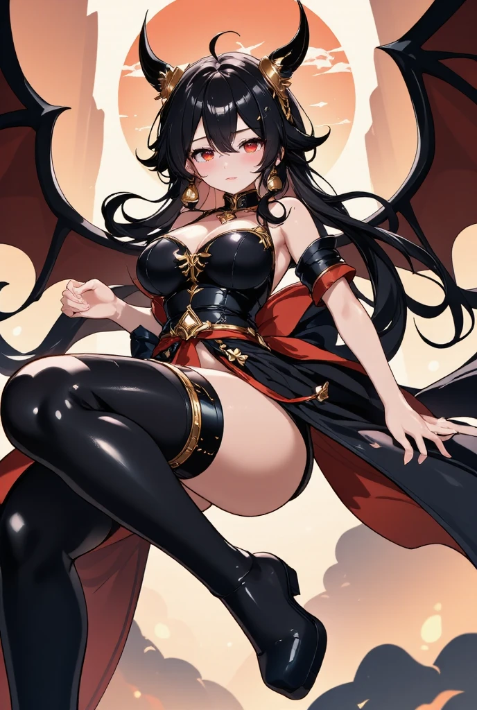 Highest quality Highest quality Draw a face carefully High-definition anime-style face Super Glowing Skin Long black hair Brown leotard Golden pantyhose Succubus lure smile squat Show the soles of your feet Close up of the soles of the feet