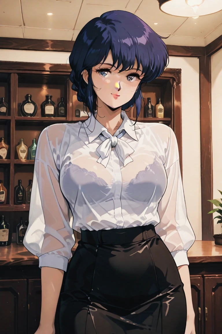 vibrant hair, pencil skirt, blouse, light, 神のlight, muscular, realistic, chest