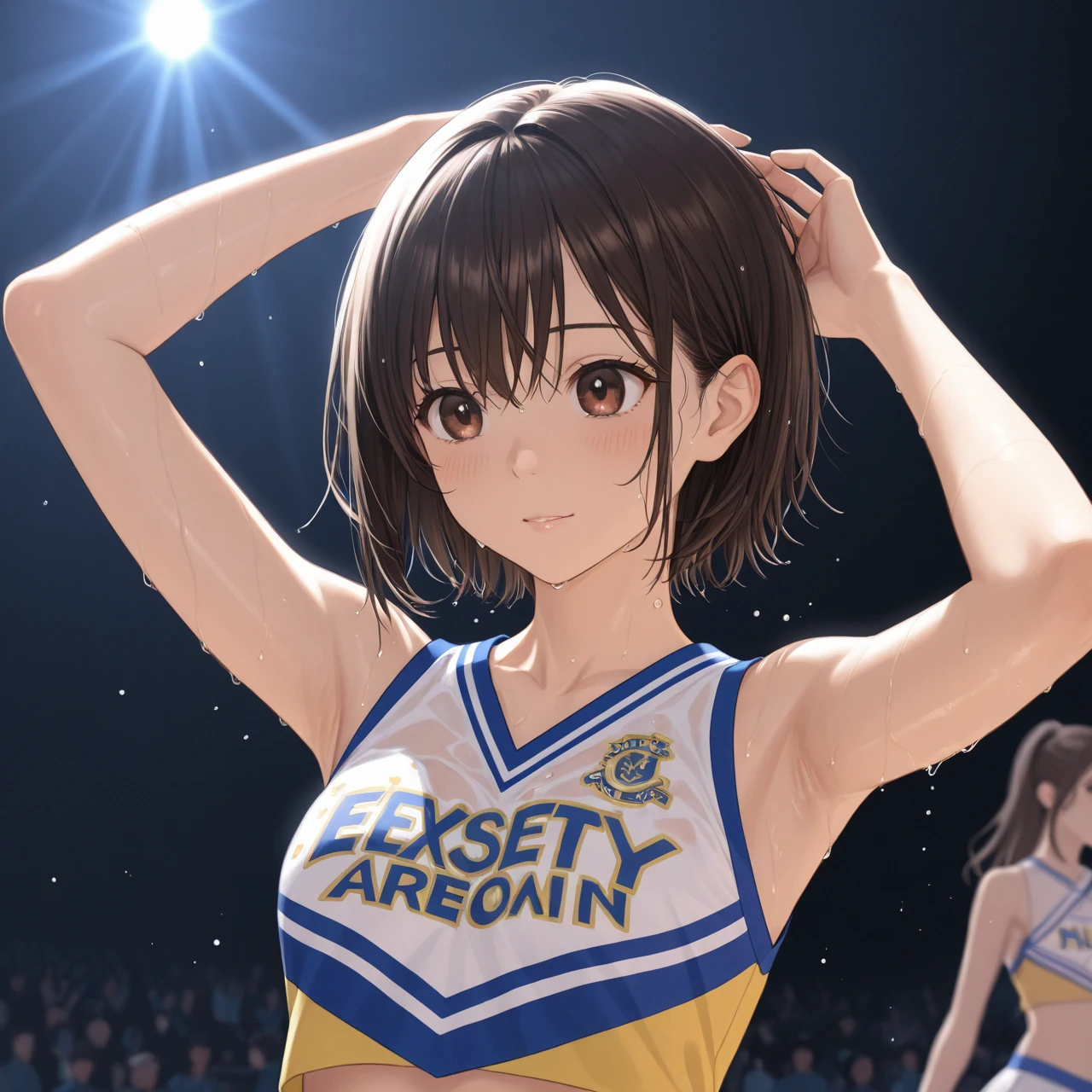 bouncing breasts,lactation,
cheerleader,sweat,
1 girl, brown hair,wavy long hair,large breasts,brown eyes,happy,open mouth