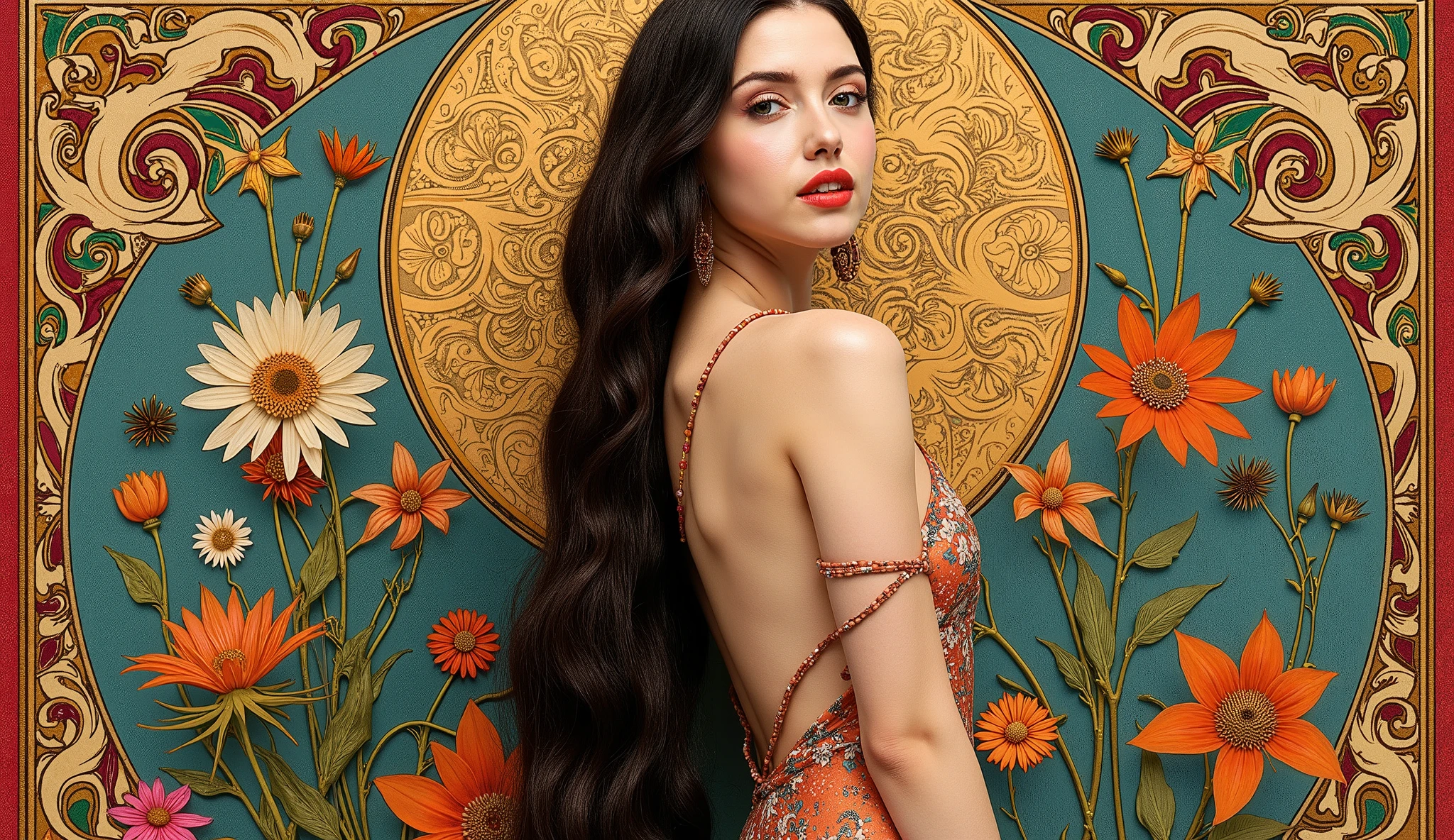 ((最高品質)), ((masterpiece)), ( 詳細),female , 　,30yers old, beauty, metal band vocalist, information(masterpiece, Best Quality, bst quality, Official Art, beautiful and aesthetic :1.2), ( 1 girl), Extremely Detailed ,( Fractal Art :1.3),colorful, Best details,　Floral frame， Decorative panel， Alphonse Mucha , black Hair, blue Eyes 、zodiac,　Elegance, clear, Elegant,  , slim legs, super low angle,　full-length portrait or statue, whole body, 