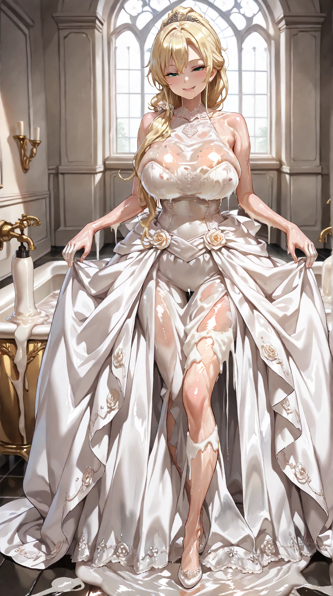 Masterpiece of,(Perfect Anatomy:1.4), Highest quality, expensive_solve, The finer details, expensively detailed and beautiful, clear_image, (8 Girls), , Blonde,Red eyes, Standing Split,(Big Breasts), (Exposing her breasts),curve,whole body,(Wedding dress),(texpensiveexpensive),Brownish color,Egyptian costume,On all fours,Only two people in front