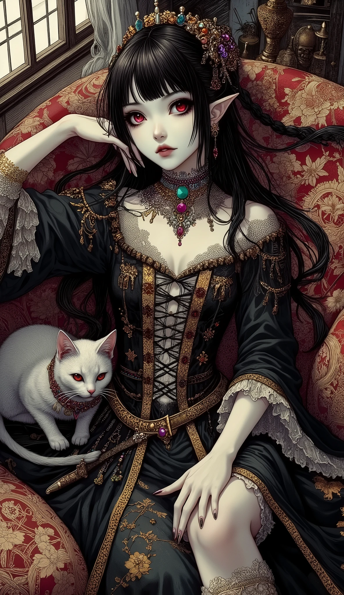 (A fusion of Ukiyo-e and dark fantasy. Aesthetic and gothic digital art. Illustrations are drawn from a bird's eye view from above.) BREAK
(Jet black hair. Blunt bangs. Black eyebrows. Long black eyelashes. Almond-shaped eyes. Glowing red eyes. Dark, thick eyeliner. Smoky makeup. Small pink lips. Round, small ears. Pale, translucent skin. Thin arms and legs. Thin fingers. White fingernails. One thumb and four fingers accurately drawn.) BREAK
(A horror-style world of vampire legends set in medieval Romania. Dark, shadowy, gothic living rooms. A young Dhampir woman lies comfortably on a long, richly furnished sofa of blood-red leather, an elegant Arabian cat on her lap, an expression of ennui on her face. The woman wears a jet-black church-style lace-up dress with yellow beads, light blue and bright green jeweled choker, purple linden embroidery, and a thin transparent cloth made of Asian-style linen, elegantly wrapped around her waist. She wears a dagger sheathed at her waist with Turkish-style silver relief, braided sandals, and gold-embellished bracelets and anklets on her wrists and ankles. Beautiful silver false hair is braided into her hair. Darkness covers the area.)