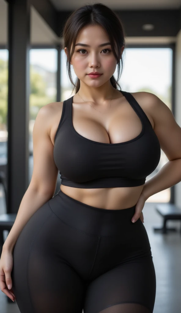 (8K、超A high resolution、The ultra -The high-definition、An ultra-high picture quality、Ultrarealistic、Best Quality、masuter piece:1.2)(quite massive chest、Large cleavage、Hide all breasts:1.3)Toned body、skinny body(shiny black sports bra、shiny black leggings:1.25)(Brown 1 length one side、 Women in Japan、Realistic face、Cute little face、rather large black eyes、Crisp double eyelids、Tear bag、long lashes、small nose、large mouth、Duck mouth、thin lipss、Pinclip Gloss、Smile happily:1.1)、espadrilles、sports gym(Show the armpits、open the inseam quite wide)、half updohair