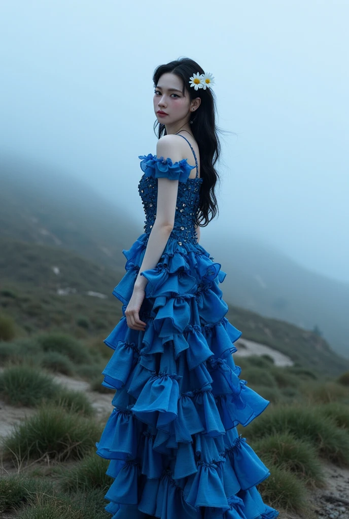A cyberpunk cityscape serves as the backdrop for a scene where a girl in a black dress is surrounded by an Icelandic ice environment. The ambiance is cold, with muted saturation to create a haunting atmosphere. The predominant blue hue echoes the crisp air and icy landscape. The girl's black dress offers a stark contrast to the almost monochromatic icy setting, bringing a touch of poignancy to the canvas. This setting, with reduced saturation, not only conveys coldness but also a sense of melancholy, emphasizing her isolation in a vast, indifferent environment. The juxtaposition of her vulnerability and the strength of nature is striking. The blue overtone might represent a deep connection to the icy surroundings, suggesting a balance between humanity and nature. The scene is enriched with neon lights, dark alleys, towering skyscrapers, and vibrant colors, all contributing to a futuristic, high-contrast, and highly detailed landscape