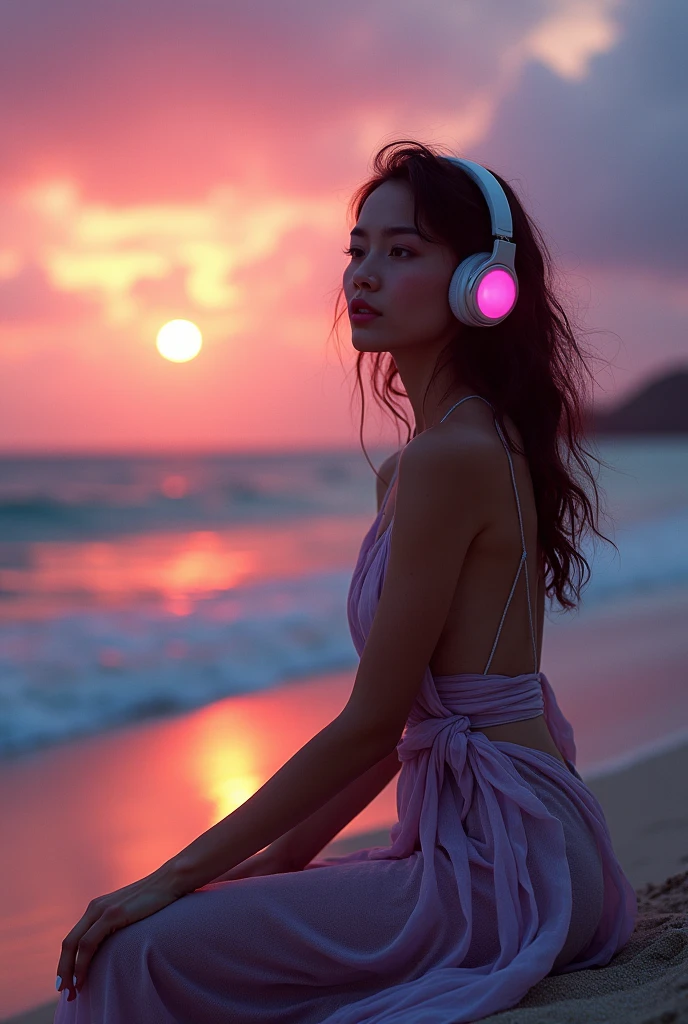 Korean butterfly woman with purple hair wearing stylish short beachwear and headphones, posing with her backside showing at sunset on the beach with a dark vibe.