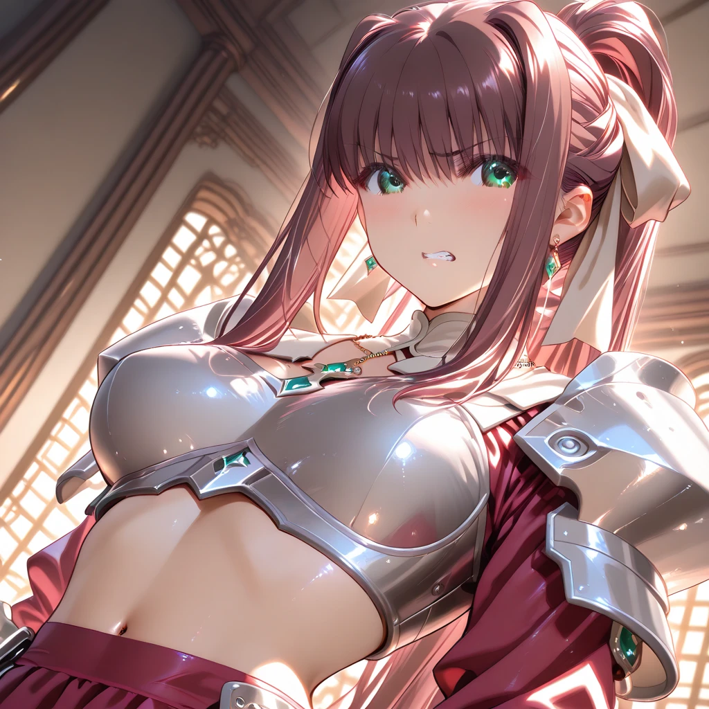 masterpiece、Highest quality、Ultra-high resolution、Maximum resolution、Very detailed、Professional Lighting、anime、Adult female、thin、so beautiful、Crying face、White patent leather high leg leotard、Red pattern、((Cyber Armor))、Shiny Armor、red decoration、Cyber Headgear、Shoulders show skin、Gold earrings、Red Hair、Long Hair、Purple Eyes、Big Breasts、Pink Lips、Gloss Lip、White waist cloak、On the back grows large feathers、Frightened appearance、Being slammed into a wall、I&#39;m scared and panicked、Damaged costume、Overall image