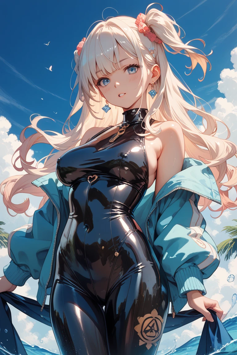 High resolution、Girl、Silver Hair、Long Hair,Brown skin、Lion ears、blue eyes、Slender、Toned body、Ocean,Swimwear,Halter neck,summer,７moon,Sweat,blue sky,