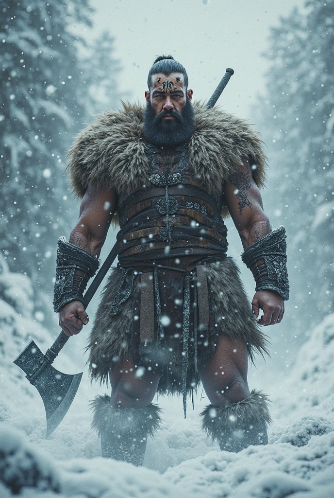 Sexy thin muscular viking with big crotch bulge in the cold snow storm, muscular vinking in the cold snow. Men in leather underwear. Sexy viking male. Viking with a big axe. Hairless handsome man fighting in the snow.