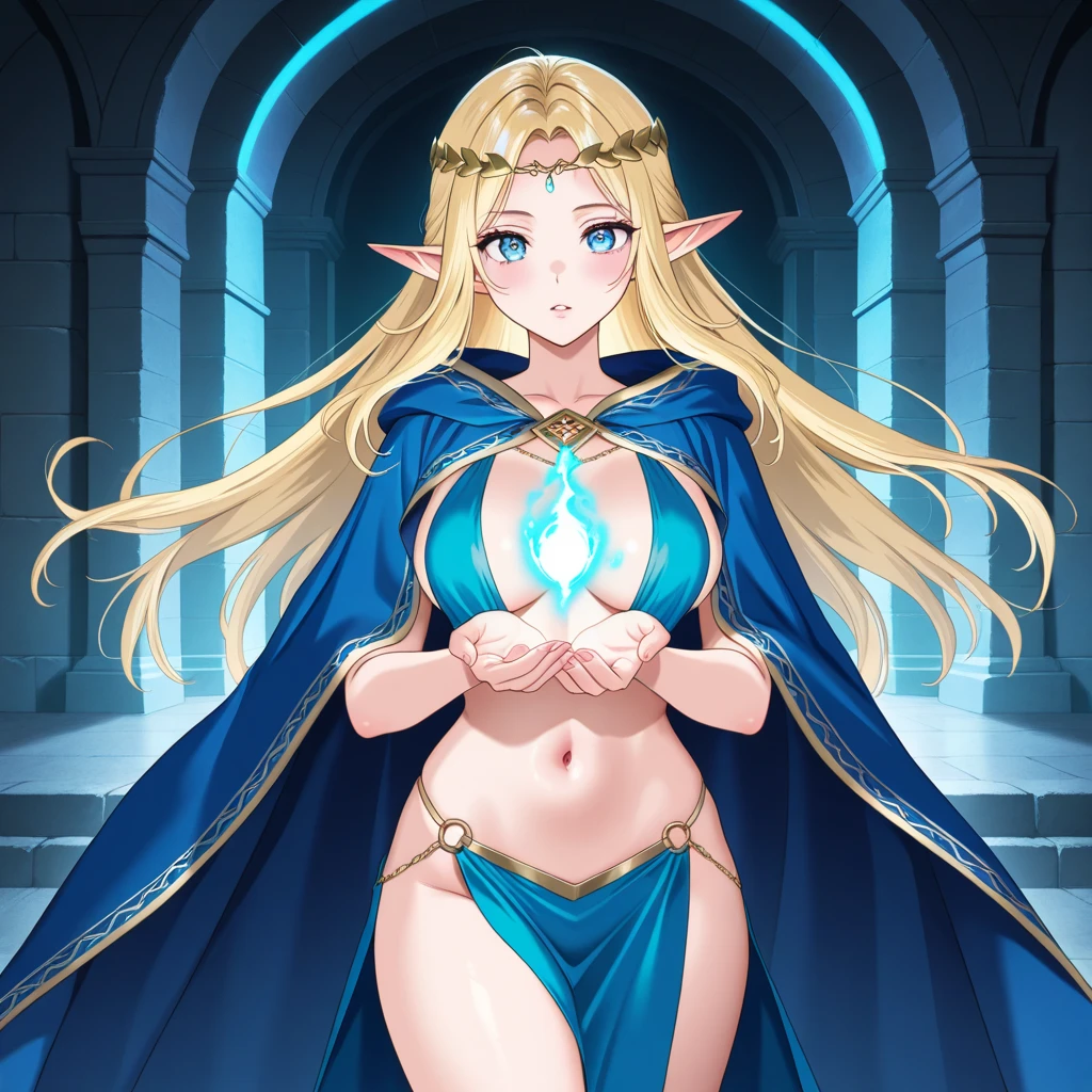 girl, (transparent robes:1.2), (elf), big breasts, priestess, holy maiden, green eyes, blonde, circlet, sanctuary, vines, (transparent clothes:1.4), tummy glowing tattoo