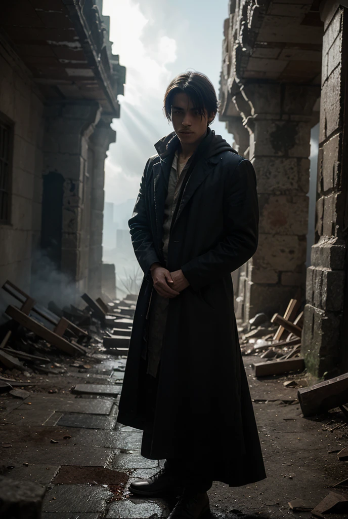 handsome man, medium black hair, age 25, old black clothes, expression would be scenery in the background of an ancient city at night. He is standing next to a horse.