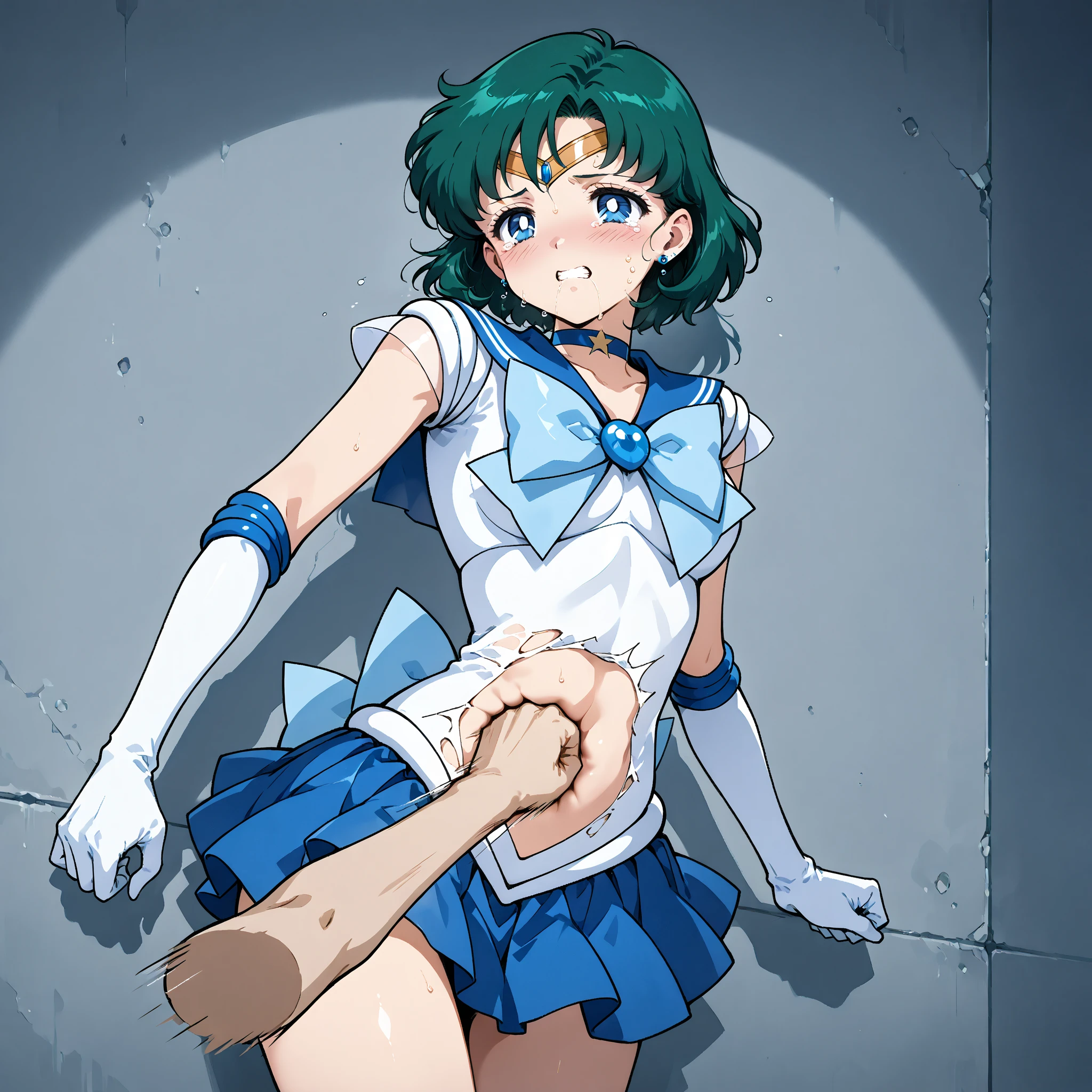 masterpiece, highest quality, High resolution, 1 Girl, Sailor Mercury, Bluish short hair, Blue elbow pads Long gloves in white, (Sailor Senshi Leotard:1.3), (The leotard is white:1.7), Blue collar and ribbon, The fabric of the leotard is thin, NSFW, (1 40-year-old mafia man, penis:1.4), Perfect Anatomy, (mating press:1.2), sexual intercourse, ((((Penis enters the vagina)))), behind, Spread your legs, Beautiful vagina depiction, (blush), ((Binding, Rotate your arms behind your back:1.2)), ((Restrained by rope)), Bondage sexual intercourse