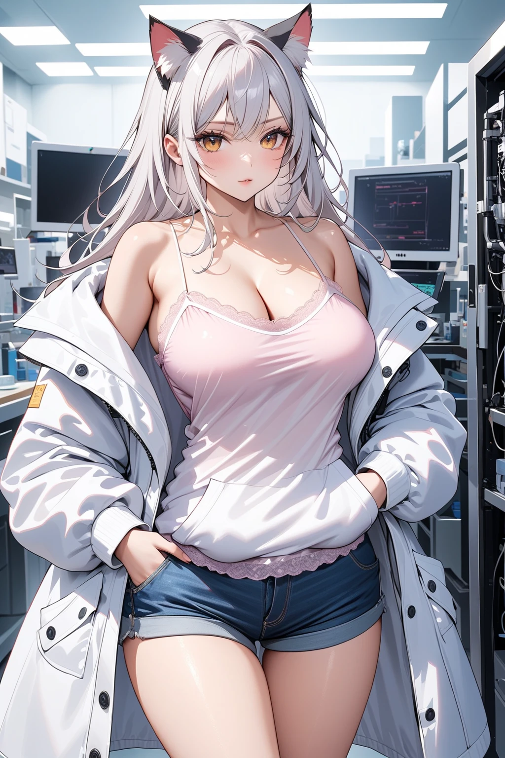 Long legs, long hair, gray hair, thongs, nudity, big breasts, cleavage, ass, vaginal fissures