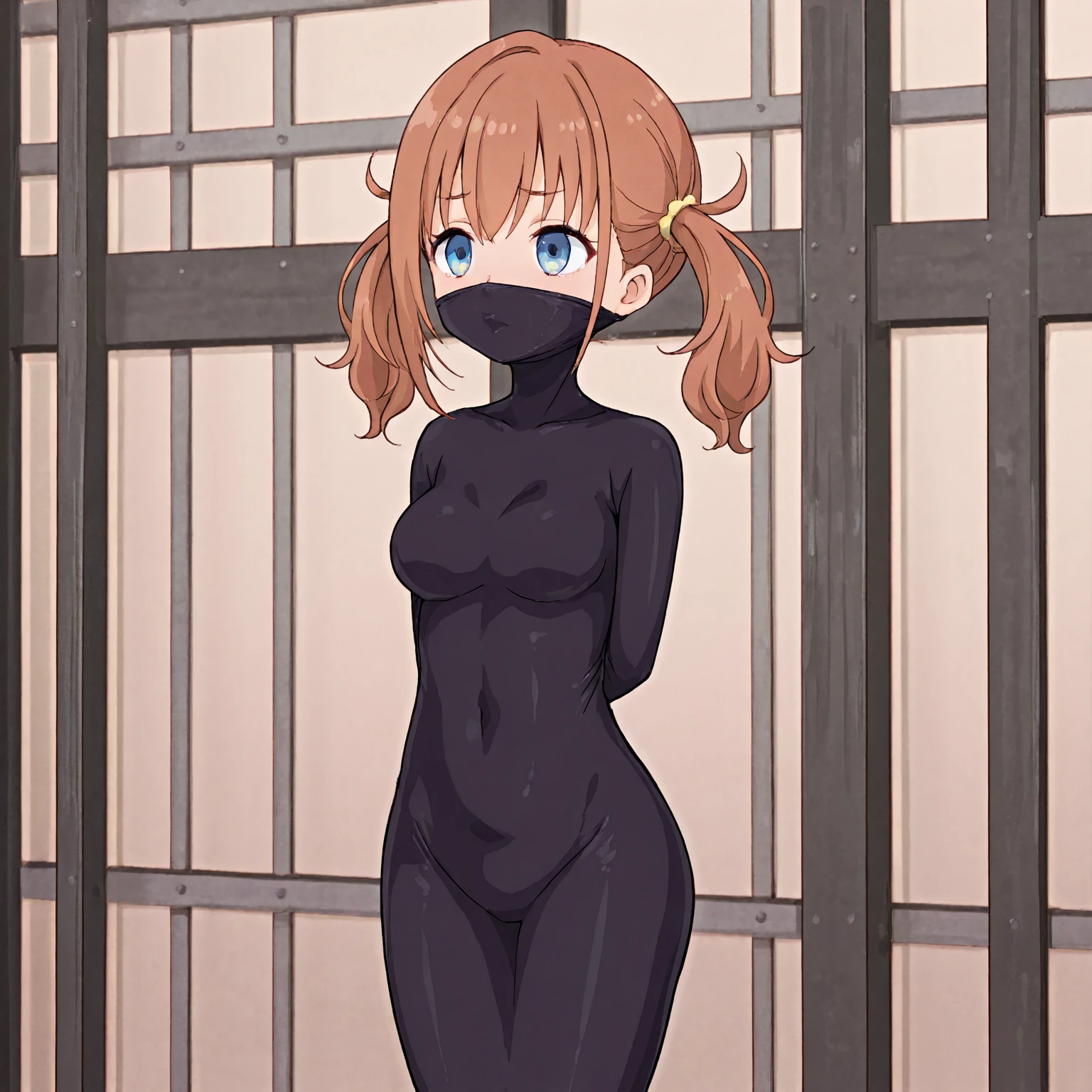 (extremely detailed CG unit 8k wallpaper, masterpiece, best quality, ultra-detailed), better lighting, better shading, a girl with arms tied above her head, blushing, collar, ballgag, (nude:1.6), harness, kneeling , (woman, adult, milf:1.2), embarrassed, blindfold, barefoot, bondage harness