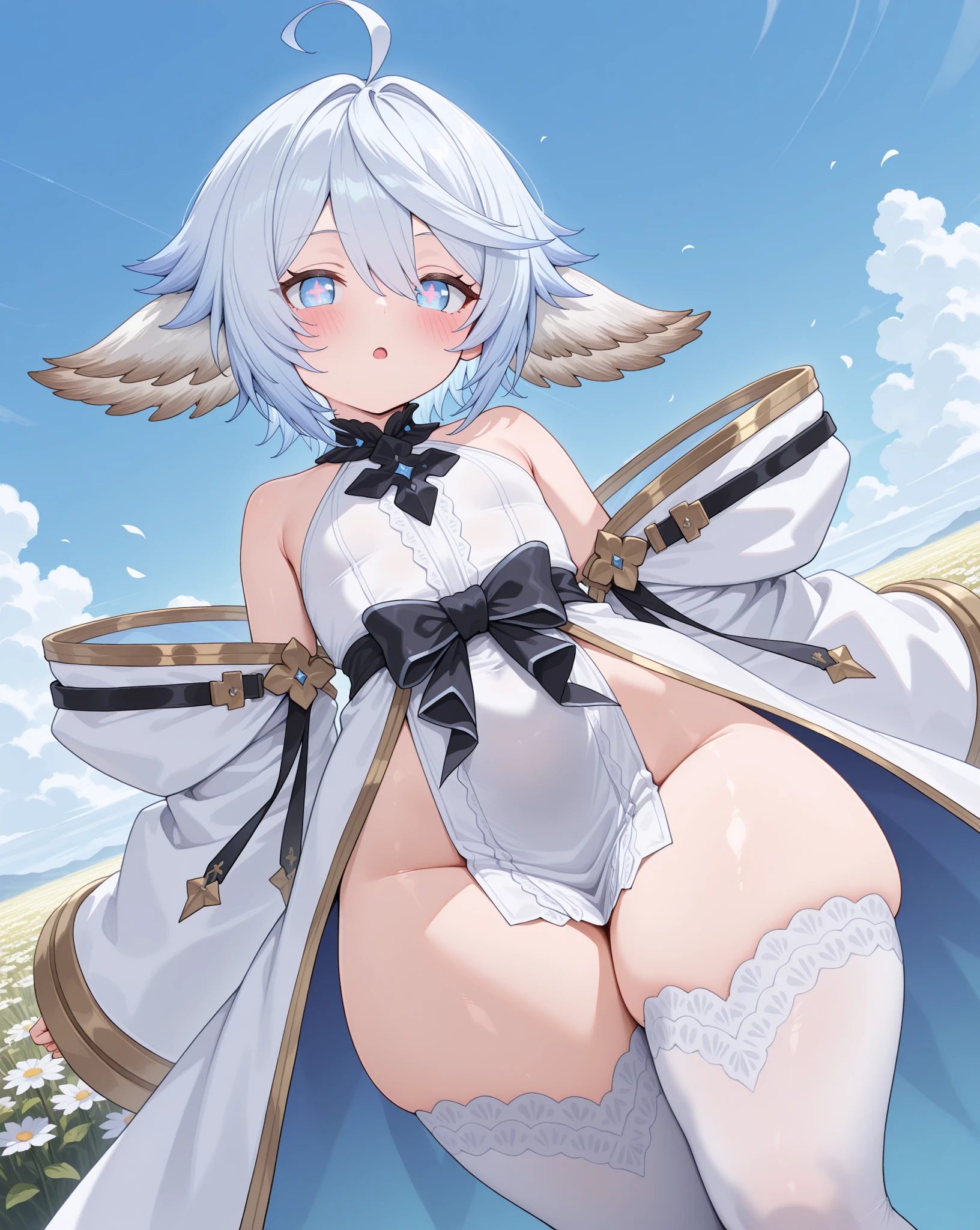 GRANBLUEfantasy,1young_teen_ girl,brown_hair,medium_bob_hair,platina_blond_hair,white_leotard,covered_crotch,thigh-highs,smile,standing,bluesky_landscape_background,slightly_spread_legs,happiness, short_gloves ,solo, r18, navel,relicbuster,short,boots,open_mouth,sitting,knees,blush,shy,piledriver,(crotch:1.3),solo,