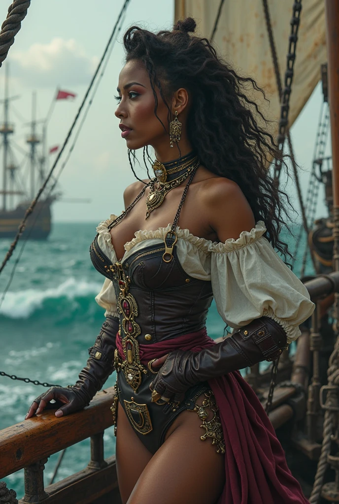 ((Masterpiece)), a beautiful Ethiopian woman (Milla Jovovich:Lupita Nyong'o:0.5), brown-black hair, (natural hair), high detail steampunk pirate outfit, cleavage, at the helm of a steampunk airship, (UHD, 8K wallpaper, High resolution), Cinematic lighting, award-winning, extremely detailed skin, extra detailed face, high detail eyes, photo-realistic, Zeiss 85 mm F/1.4, by Ellen von Unwerth