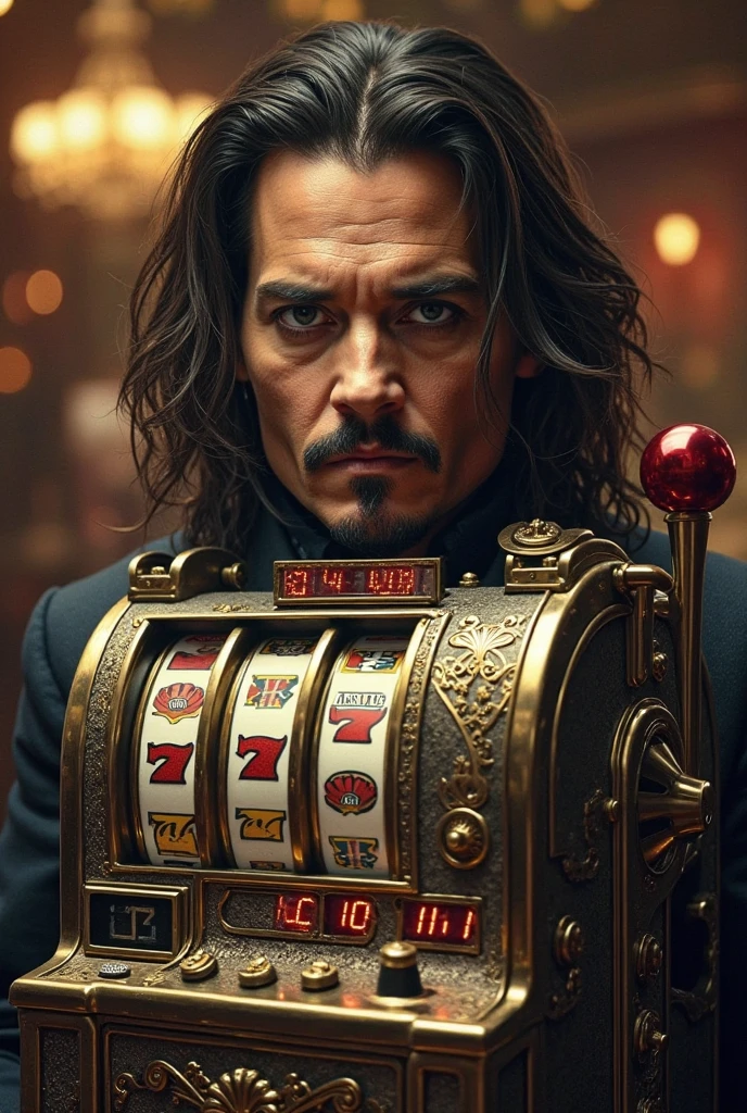 atman standing confidently in front of a large, illuminated roulette wheel, his cape flowing behind him, with a dark casino background