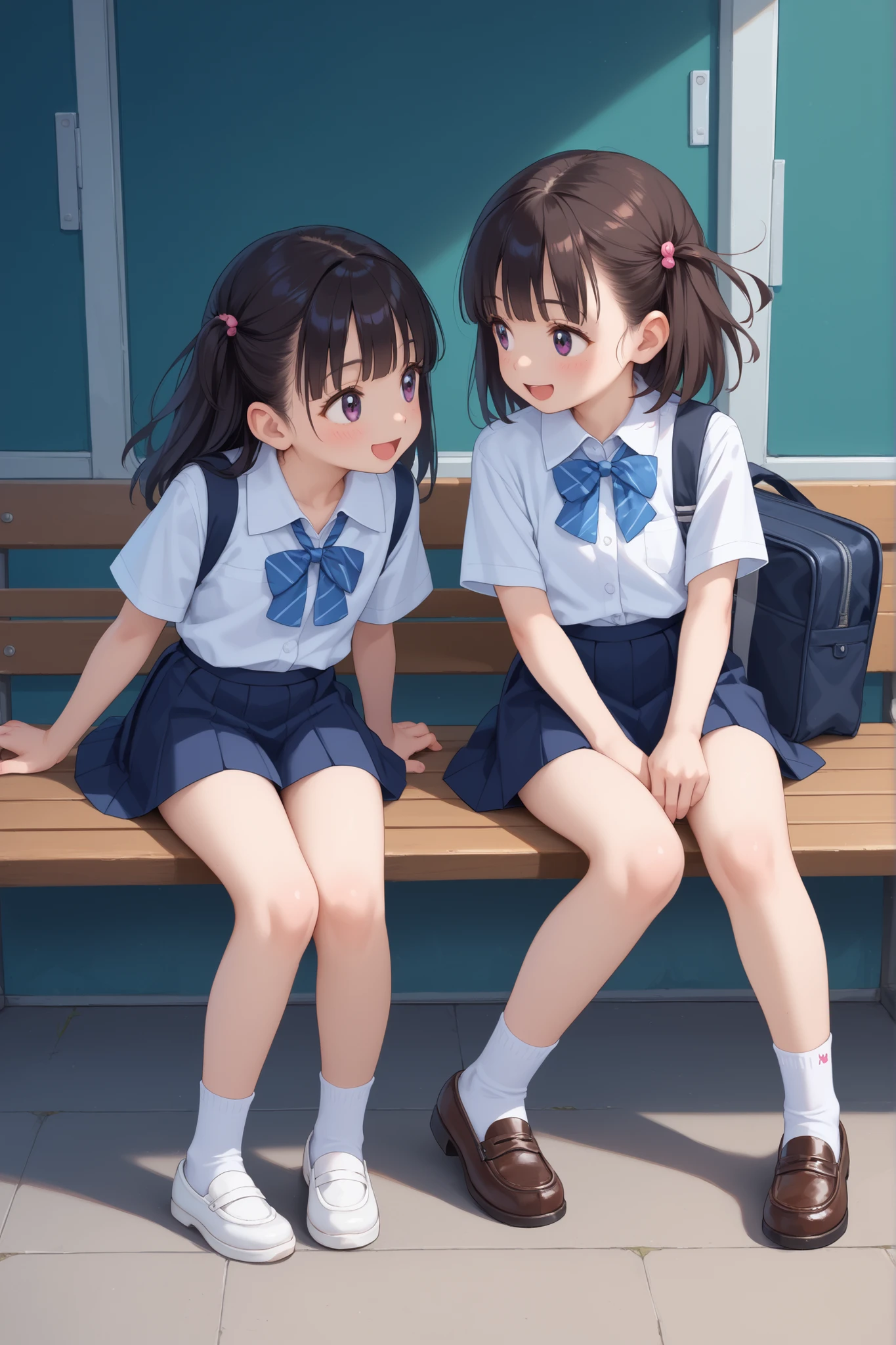 Highest quality, Ultra-high resolution, (Realistic: )2D official style cel animation,((２Girls sitting in a row))Primary school students、brown、ponytail、White Big Ribbon、Glasses、Blue Check Mini Skirt,Summer Shirts,Unbutton、(Lace panties),loose socks,sneakers,Full body portrait,(From below),Station stairs,sunny,Spread your legs、from the front、blush