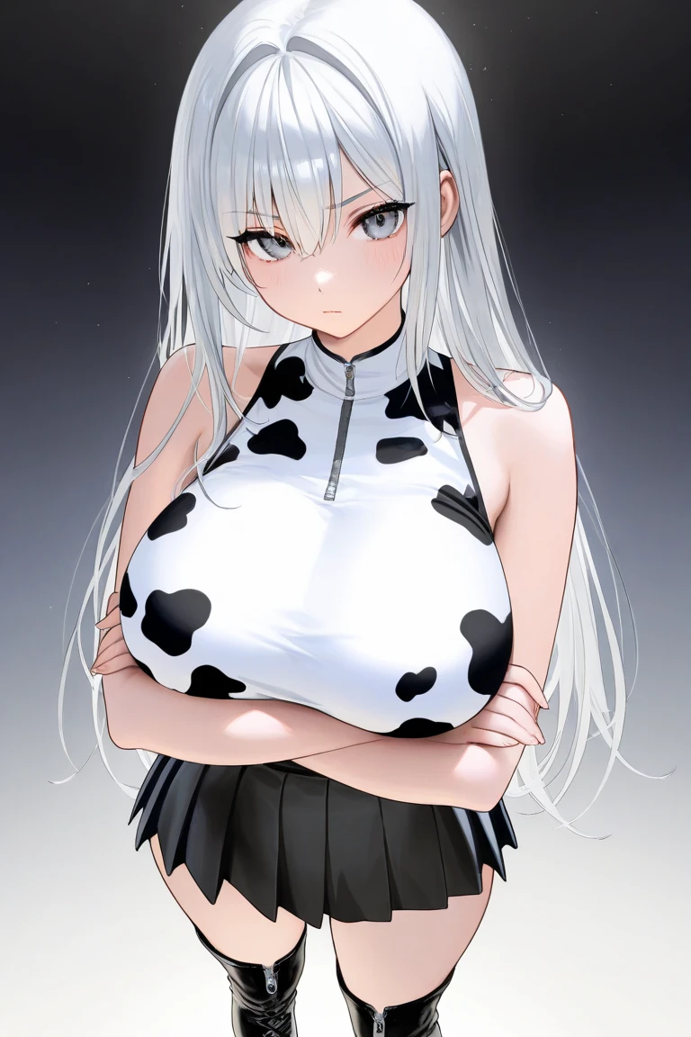 ((High quality)), ((HD)), ((very attractive, curvy and sensual woman)), cow semi-human, ((very pale and milky skin)), chubby, long white hair styled in a messy bun, light green eyes with long eyelashes, ((cow ears)), ((small cow horns)), ((cow tail)), wide hips, thick thighs, ((very big and heavy breasts)), big butt, cow print crop top, very short and tight jean shorts, black thong strings up to the hips, heeled brown boots.