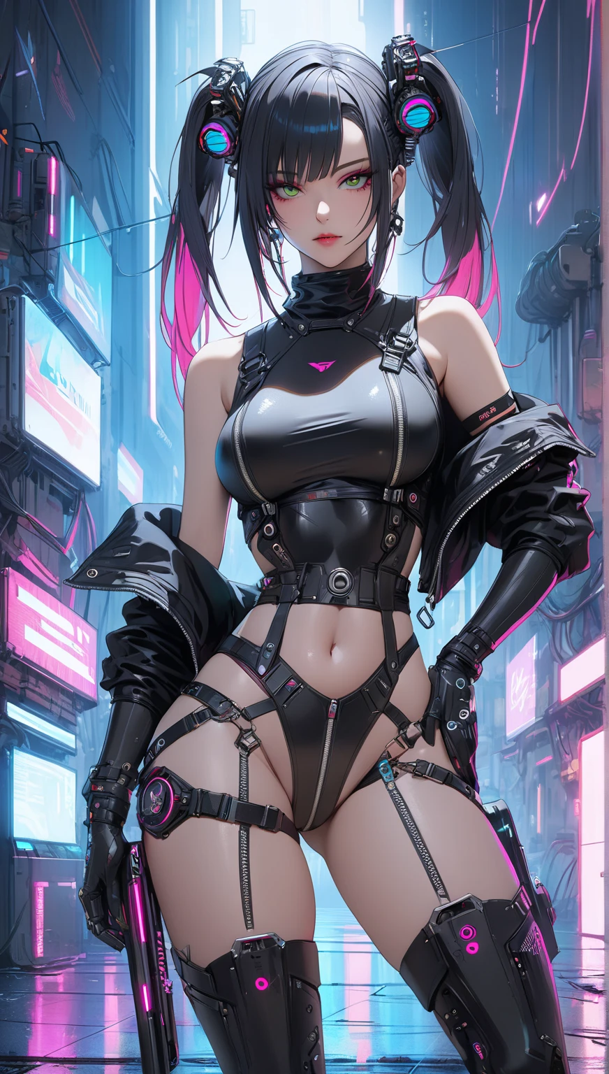 ((La mejor calidad)), ((Obra maestra)), ((Realstic)) and ultra-detailed pcalienteography of a nude girl 1nerdy in gothic and neon colors. Ella tiene ((cabello turquesa)), lleva un (High-tech clothing) y un (String Noir, red pattern:1.2) , ((beautiful and aesthetic)), sexy, sub-senos, caliente
