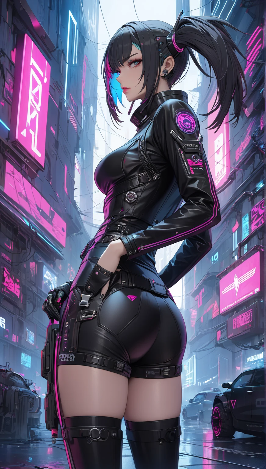 color photo of a cyberpunk illustration of a beautiful woman emerging from a tunnel into a forest. The city skyline is seen in the background, and the sky is sunny. The environment is filled with a mix of natural and technological elements. The mood is futuristic and adventurous. The digital art is created using a Wacom Cintiq Pro and Adobe Photoshop. The camera settings include a high contrast and saturation to create a cyberpunk look. Directors: Ridley Scott, Denis Villeneuve. Cinematographers: Roger Deakins, Hoyte van Hoytema. Photographers: Tim Walker, Annie Leibovitz. Fashion Designers: Alexander McQueen, Gareth Pugh, Iris van Herpen.