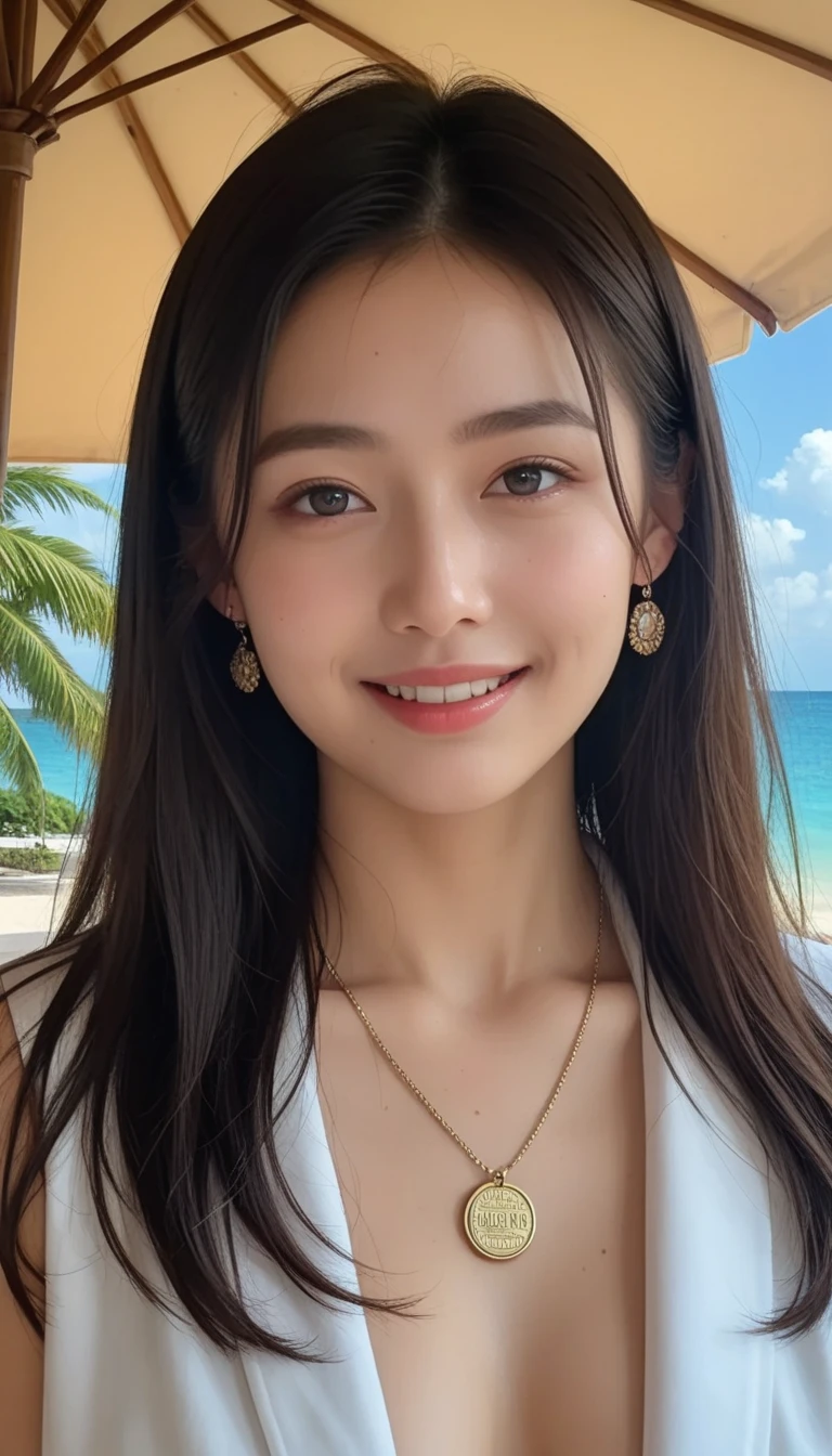 (masterpiece, Highest quality:1.1), (8k, RAW Photos, Photorealistic:1.2, f22), (Glowing Skin), Detailed skin, Detailed face, smilee,fine grain,Long Hair, break, Real World, (Very detailed, Cleavage), Intricate details, smile, One Girl, (See-through shirt)、 (Overseas tourist attractions:1.4) 、(((Top view)))