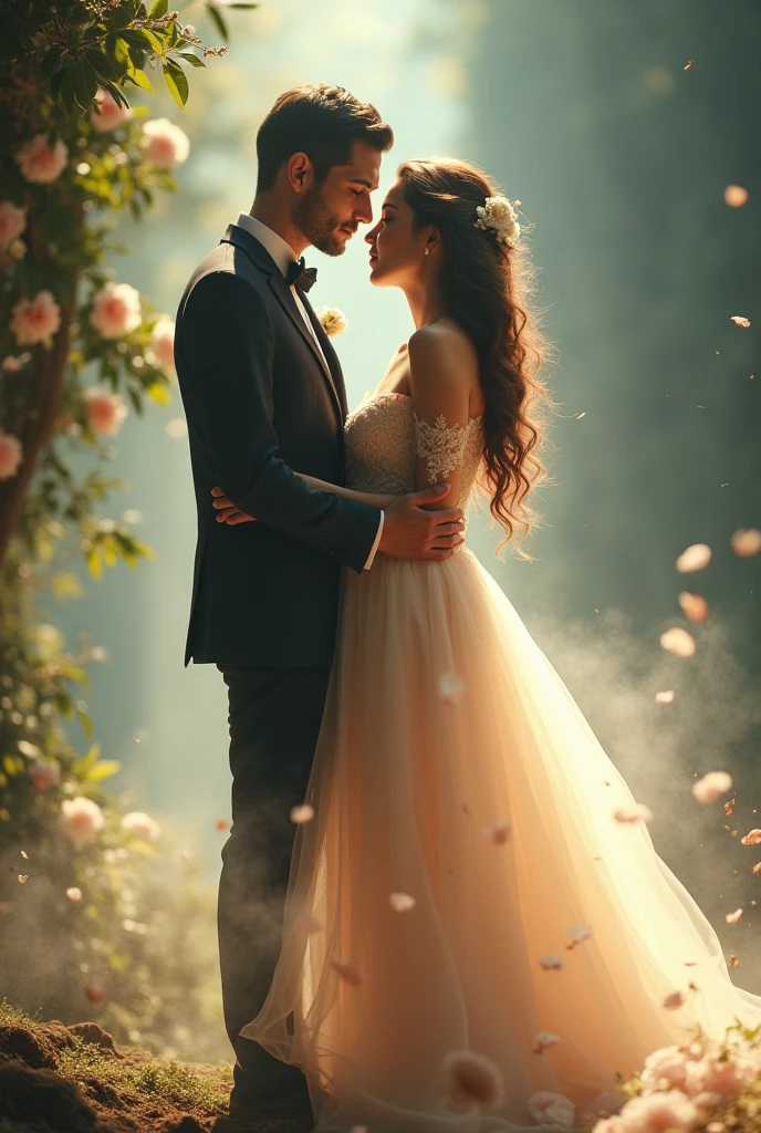 Noiva ((mulher)) e noivo ((homem)) realista, The faces of the couple are beautiful and proportional ((rosto detalhado)), mulher vestida de noiva com um longo e luxuoso de vestido de noiva, The groom is wearing an elegant suit. Couple is at a wedding ceremony in the garden, sol encharcado, Roberto Ferri e Ruan Jia, very magical and dreamy, noivos, Durante a Hora Dourada, imagem surrealista, golden hour sunset lighting, luz solar da hora dourada, Tiro na Hora de Ouro, soft golden hour lighting, sparkling in the sunlight. alta qualidade,master part, melhor qualidade, (extremamente detalhado CG unidade 8k papel de parede), (melhor qualidade), (best illustration), (Melhor sombra), absurdos, realistic lighting, imagem surrealista