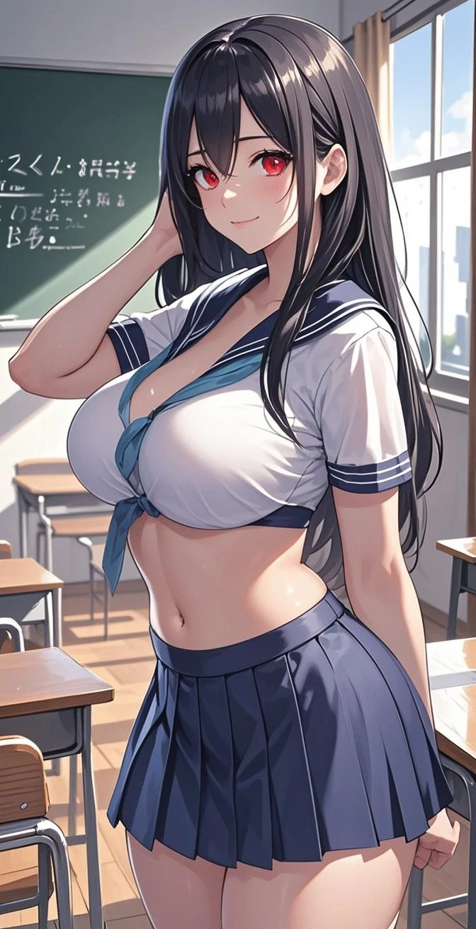(1girl, chi-chi \(dragon ball\), dragon ball), (throw_hand, pink vibrator remote switch in throw_hand, throw:1.2), Highest quality, Super detailed, masterpiece, Ultra-high resolution, 8K, Ridiculous, Cowboy Shooting, Blurred, One girl, Focus on the girl, Embarrassing, blush, Lovely, Close one eye, With tears in her eyes and her mouth open, What saliva leaves behind, Wet skirt hem, (Sticky panties:1.1), Bulging of the vibrator cord, Vibrator with Garters, (cleavage), Classroom Background, The skirt is accidentally exposed,(large breasts), (crop top navel), (waist line), Accidentally exposed panties