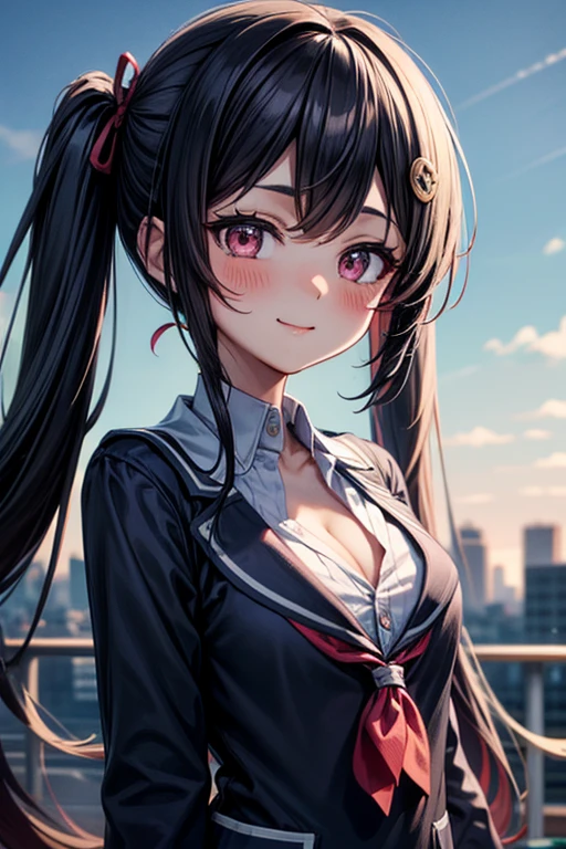 #Basics A girl is posing for a photo, animeのかわいい女の子, (((One Girl, Baby Face, Young girl, 16 years old))), 
BREAK 

#Clothing Accessories 
(A school blazer with a black base and red accents + (Red and white)Checkered pleated skirt + A tie with a diagonal blue line on a red background + White knee-high socks with red lines:1.4 + Brown Loafers), 
small red earrings, Silver Bracelet, 
BREAK 

#Features 
((Black Hair)), Curly hair, (Twin tails : Short Hair + Wavy Hair + Hair blowing in the wind + Curly Hair + Red scrunchie),  
(Droopy eyes, blue eyes), (Small breasts), 
BREAK 

#background environment 
(noon、(Sunlit schoolyard + grass)), 
#Facial Expression Pose
((A happy look + Open your mouth:3 + smile), (Standing pose with arms stretched above the head and body pulled up)), 
#composition 
((Face the camera, Angle from below, Cowboy Shot)),  
BREAK 

#Body parts elements 
(Detailed hair, Beautiful Hair, Shiny Hair), 
(double eyelid, Long eyelashes), 
(Expression of fine eyes, Beautiful and delicate eyes, Sparkling eyes, Eye Reflexes, Glitter Eyeliner), 
(Human Ear), 
(Beautiful Nose, Thin Nose), 
(Glossy lips, Beautiful Lips, Thick lips, Glossy Lips, Natural Cheeks), 
(Detailed face, Symmetrical facial features), 
(Detailed skin, Textured skin, Beautiful Skin, Shiny skin), 
BREAK 

#Quality 
(((Highest quality)), ((masterpiece)), ((Very detailed))), ((High resolution), (16K,1080P)), 
(Realistic), (Anatomically correct), 
((comics, anime)), (3DCG), CG illustration,

