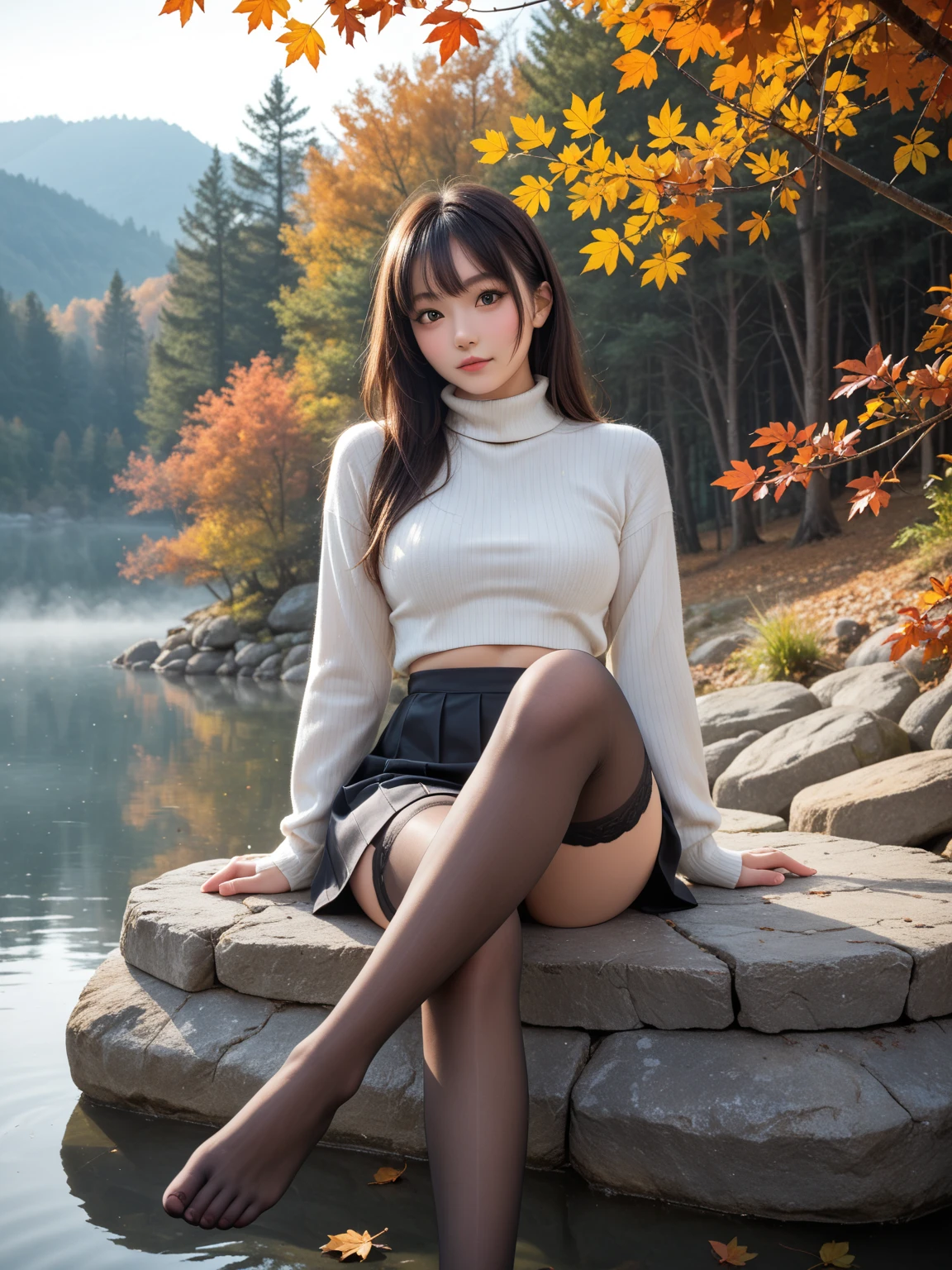 work of art, best qualityer,, 1 girl, sitting down, blackw_body hair, Boken, Bokenmark, filial, mitts, gram, multicolored body hair, ocaneta_Boken, partially fingerless mitts, caneta, plantar, duffel bag, plume, leitura, de pé, em frente a imagem, ssmile, standing alone, Tailpussy, Tree, Tree stump,, sky, floor, moutain, forst, lake, lingerie only, V-shaped panties, transparent lingerie, explicit