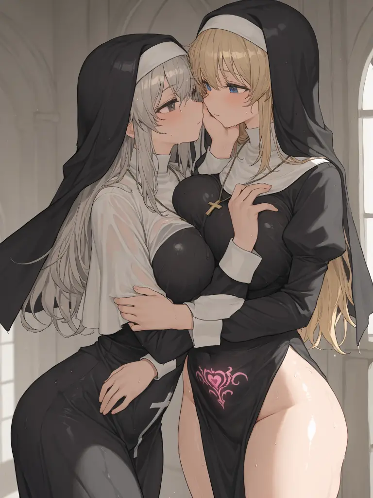 Excellent, masterpiece, 2 women kissing, perfect face, beautiful face, thighhighs, gloves, cross necklace, black gloves, side slit, nun,, sexy, provocative, very erotic,