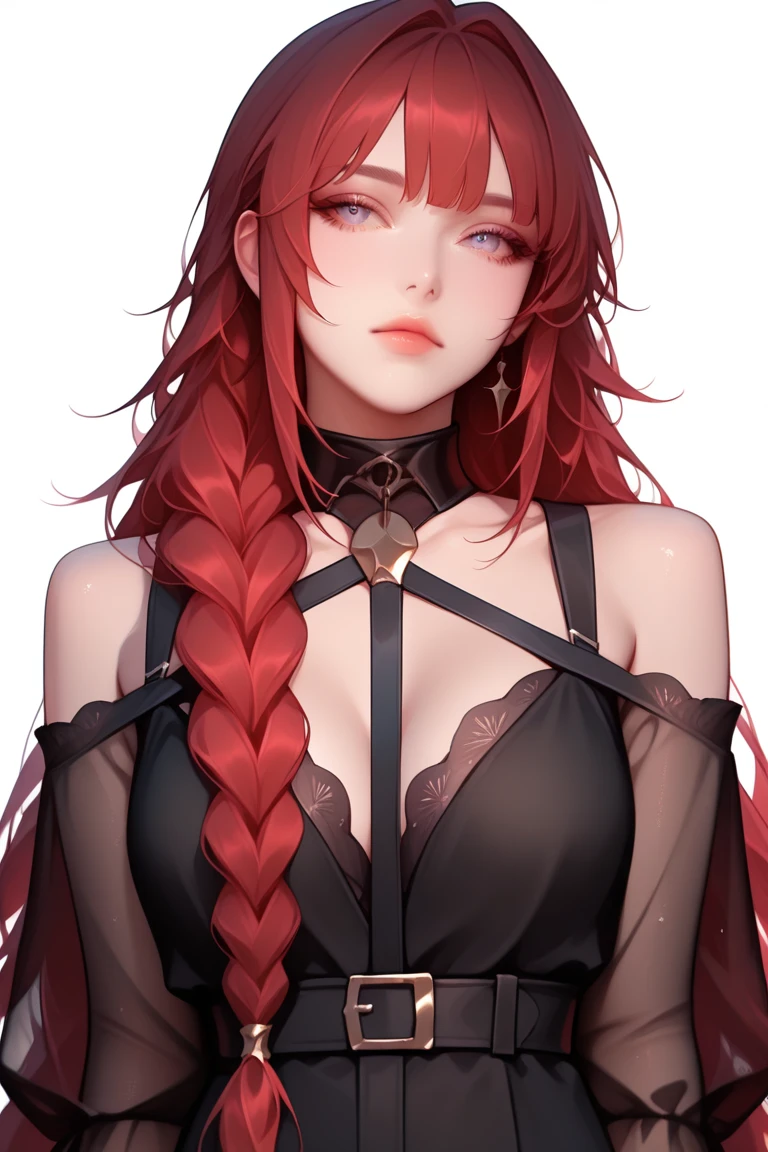 1girl, au ra, avatar \(ff14\), bangs, bodysuit, closed mouth, dragon horns, hand up, horns, kyrie-style, large breasts, lips, long hair, looking at viewer, red eyes, red hair, scales, solo, upper body, white background,(masterpiece),(best quality)