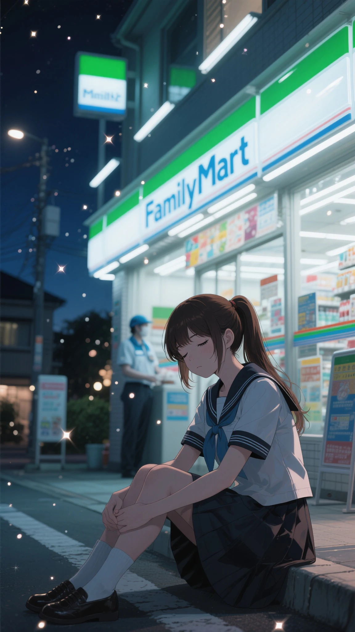 Midnight Convenience Stores,womanhood,Family Mart, In front of the store, relax, sailor suit that binds the length, dark haired, brown eyes, tareme, ponytail, (Watch Viewers,sleepy expression, Vaguely), sitting holding the knee, Fluorescent Lamps,Lonely Atmosphere, Sparkle,  particle of light, ✨, extreme detail,professional,Bokeh,Clear Night Skies, Suburban Stores, Vaguelyとした照明, Bored Employees, vibrant colors, Expressing Loneliness and Solitude, super high resolution, (top quality, very detailed, CG illustration, soft focus, masterpiece, Best Aesthetics),