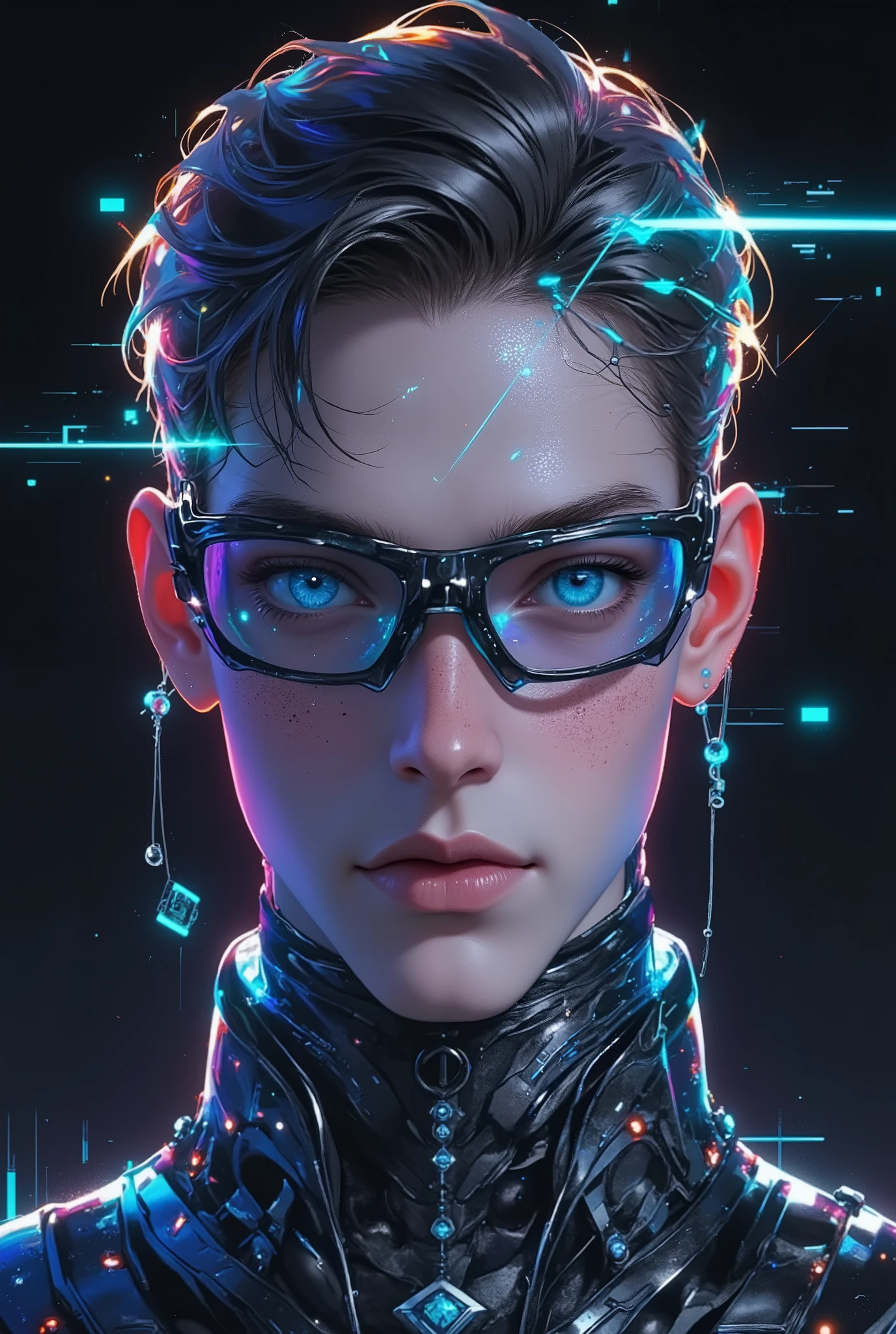 } paraffed Handsome young male with plastic eye mask on her face, oled eye glasses , oled eye visor , futuristic glasses lenses , futuristic augmented reality glasses , cybernetic eye implants , futuristic look, glass oled head visor , man with one robot eye , with a clearly visible face , mirrored eye implants , cyberpunk bionics eye , futuristic VR headset , the image is futuristic