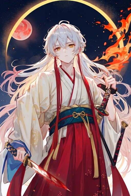 1male, masculine, white hair, ((adult)), long hair, messy hair, blue eyes, red yukata, ((red tattoos)) black underclothing, ((horns)), (old japan background), detailed background, standing on path, expressionless, emotionless, old japan town background, spider lillies, dark atmosphere, dark background, ((detailed eyes)), detailed face, illuminated eyes, dynamic lighting