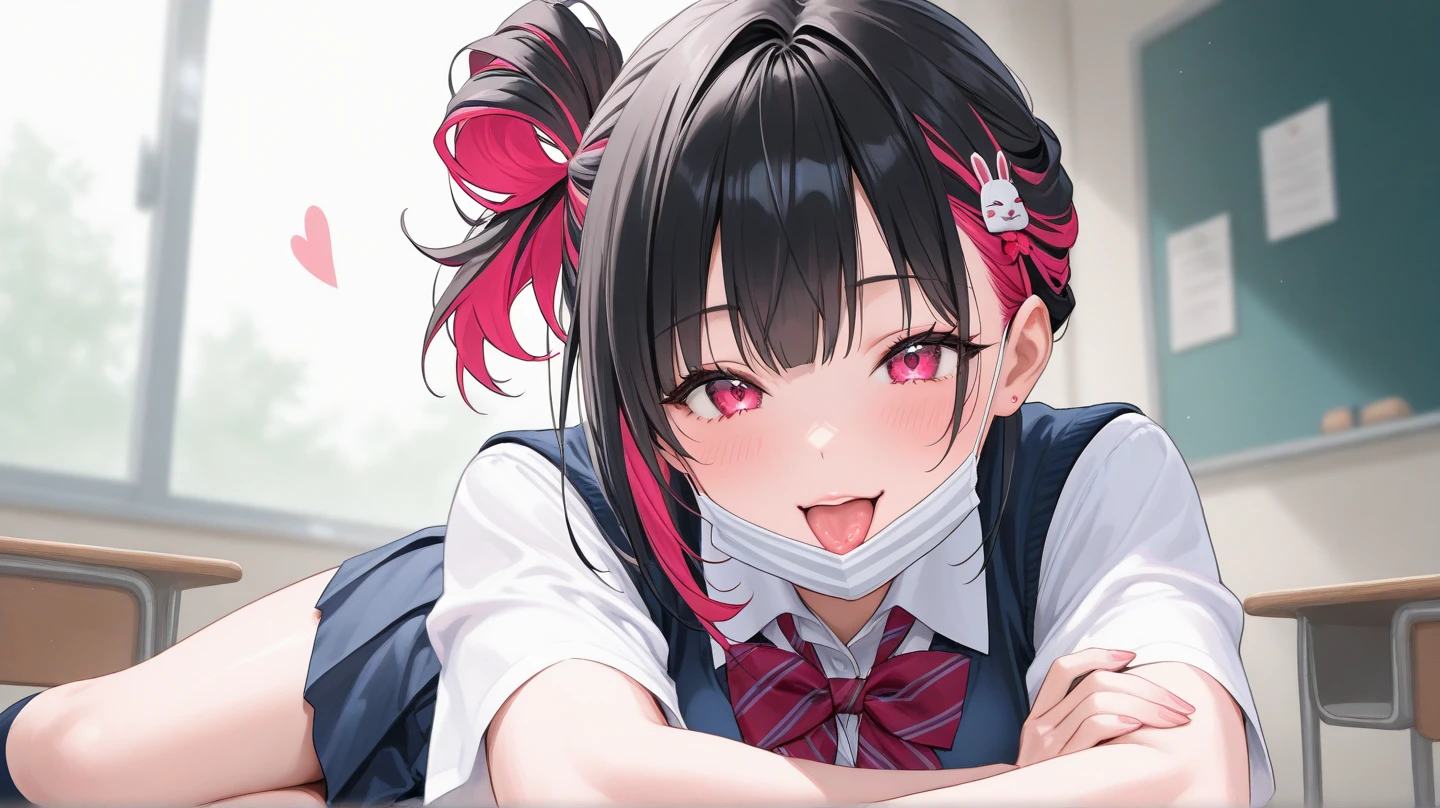 Sit on the sofa,looking ahead,from above,handjob,side view,face focus,open mouth,tongue out,cum on tongue,lick,(1girl,Beautiful 14 year old girl),((Slender,Small breasts,Baby Face,Small face,)),looking at viewer,Black Hair,bangs,two side up,Gray Eyes,Drooping eyes,slit pupils,narrow eyes,,Short sleeve shirt,Red tie,Navy blue mini skirt,Navy blue socks,Beautiful and detailed anime art,Mischievous smile,Dimly lit room,Simple Background,Gray background,Low lighting