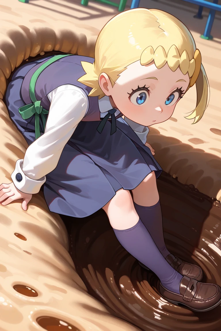 masterpiece, best quality, school girl, blonde, climbing, torn skirt , torn white panties, climbing wall, nude ass, torn black socks, red backpack, red shoes, (ass chewed by crocodile), bite marks on ass, surprised, from below