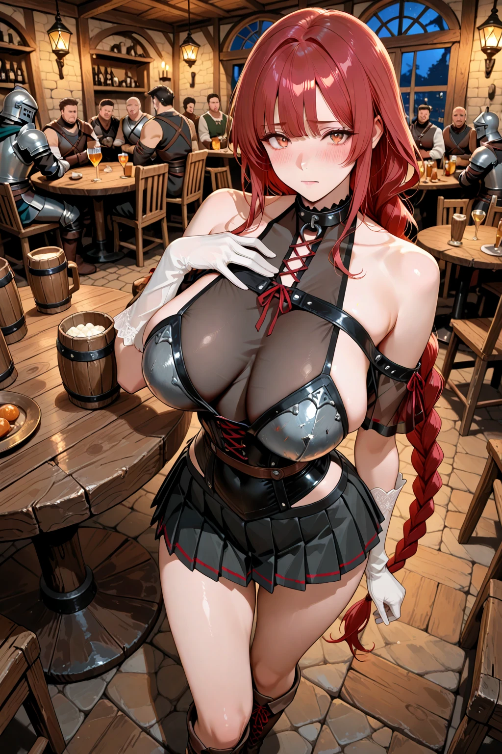 best quality, official art, masterpiece, textile shading, HDR, very detailed, colorful, best details,Recall,A group of female adventurers set in a medieval fantasy world.3people々,Dancer、 (At the pub), Mr...々Hairstyle, Harem, night, detailed aspects, Takashiro Hiroko:1.5, Takashiro Hiroko:1.3, Long Hair, Shaggy Cut, Red Hair、Very short pleated mini skirt with embroidered pattern, Seduce, No sleeve, armor 、肩armor、Showing off her pink plaid panties:1.3、Big Breasts、Big Ass、Wide waist、Roll up your skirt,Knee socks,public indecency{{{{{:1.8}}}}},