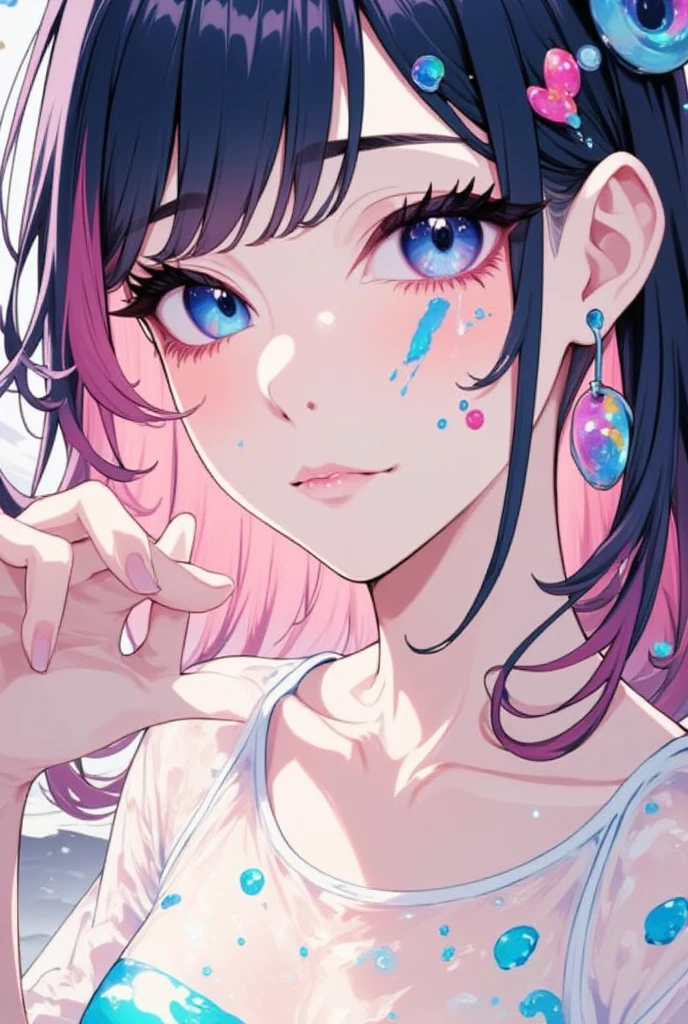 girl, anime, looking at viewer with a cigarette in her mouth, highly detailed, reflections transparent iridescent opaque jacket, long transparent iridescent reflective hair, perfect face, (pastel colors)