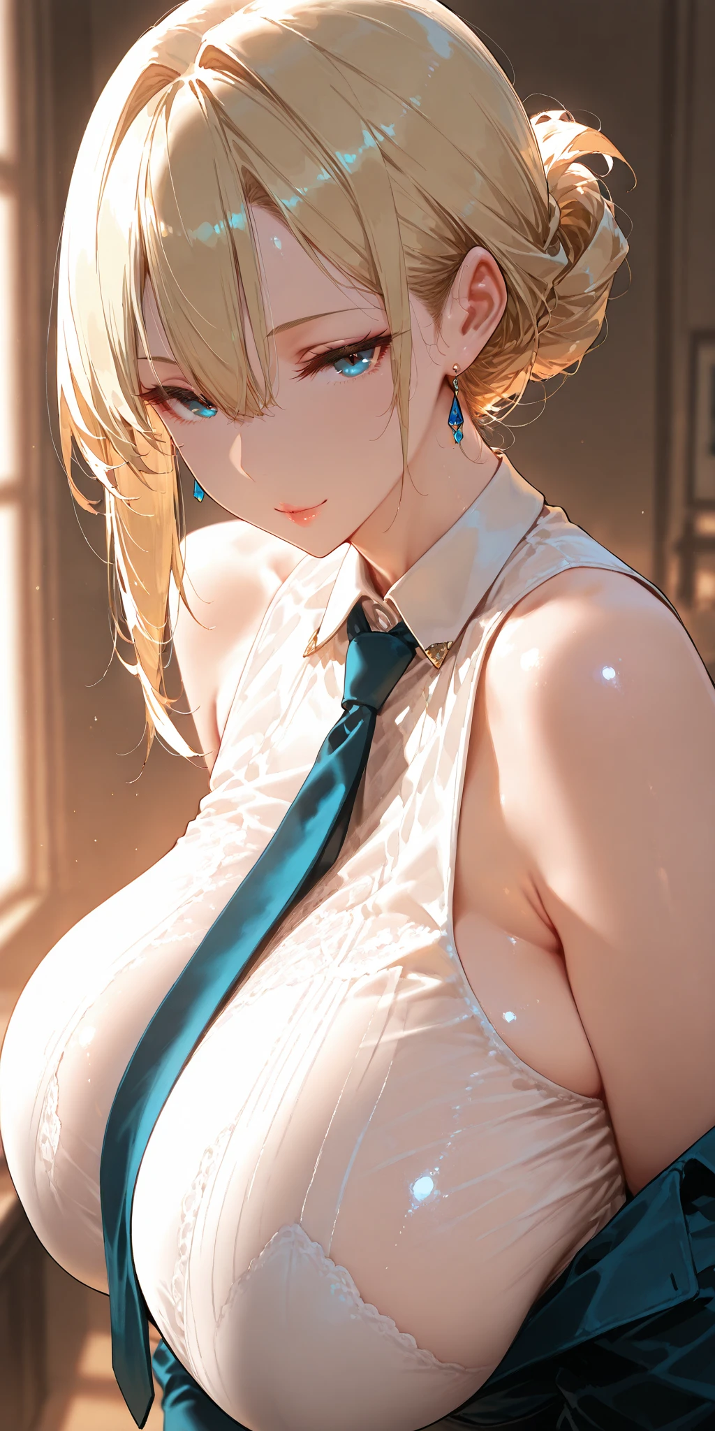 (best quality). (Ultra Detalhado). (1girl), Olhando para o Viewer. (Antecedentes detalhados). belos olhos detalhados. rosto delicado e bonito. (high saturation), seios grandes, droopy breasts, (((sexy high school outfit))), (((short skirt, tie, lingerie)))