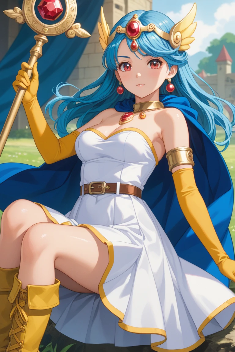 masterpiece, Highest quality, Very detailed, figure, Sage_(dq3), One person, (Retention Staff:1.3), alone, Long Hair, Blue Hair, Circlet, Red eyes, Large Breasts, Yellow gloves, White Dress, belt, Cape, boots, Cleavage, Exposing shoulders, underwear, Cowboy Shot, Grass, waterfall