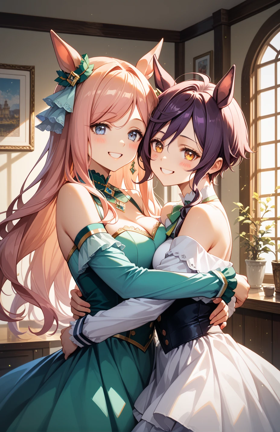 2 women, Duvalie is kissing Laura S. Arseid, ( Duvalie (brown hair with braided buns, green eyes, bustier, cute, small breasts)), (Laura S. Arseid (long dark blue hair, ponytail and Bang side, yellow eyes, small breasts))