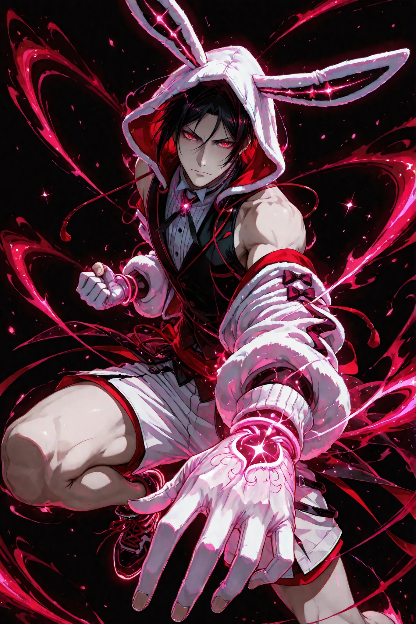 neon art, neon lineart, blue neon lineart, neon silhouette, silhouette, neon colors, glowing, glow effect, bright outlines, vibrant colors, high contrast, dark background, digital art, 1 man, adult, Sebastian Michaelis, Kuroshitsuji, solo, black hair, red eyes, handsome, sexy man, sensual, pale skin ,. nonchalant, male cool clothes, cool fashion, intricate clothes, intricate accessories, intricate patterns, cool, stylish, black top, bare shoulders, hood, rabbit hood, hood up, hood with neon trims, white shorts, shorts with neon trims, sneaker, black sneaker, single glove, white glove, solo, glowing eyes, looking at viewer, dynamic shot, dynamic view, dynamic composition, dynamic action pose, ((dynamic pose, foreshortening:1.3)), red aura, motion lines, action scene, motion blur, bokeh, glittering, sparkling, (((black background)))
