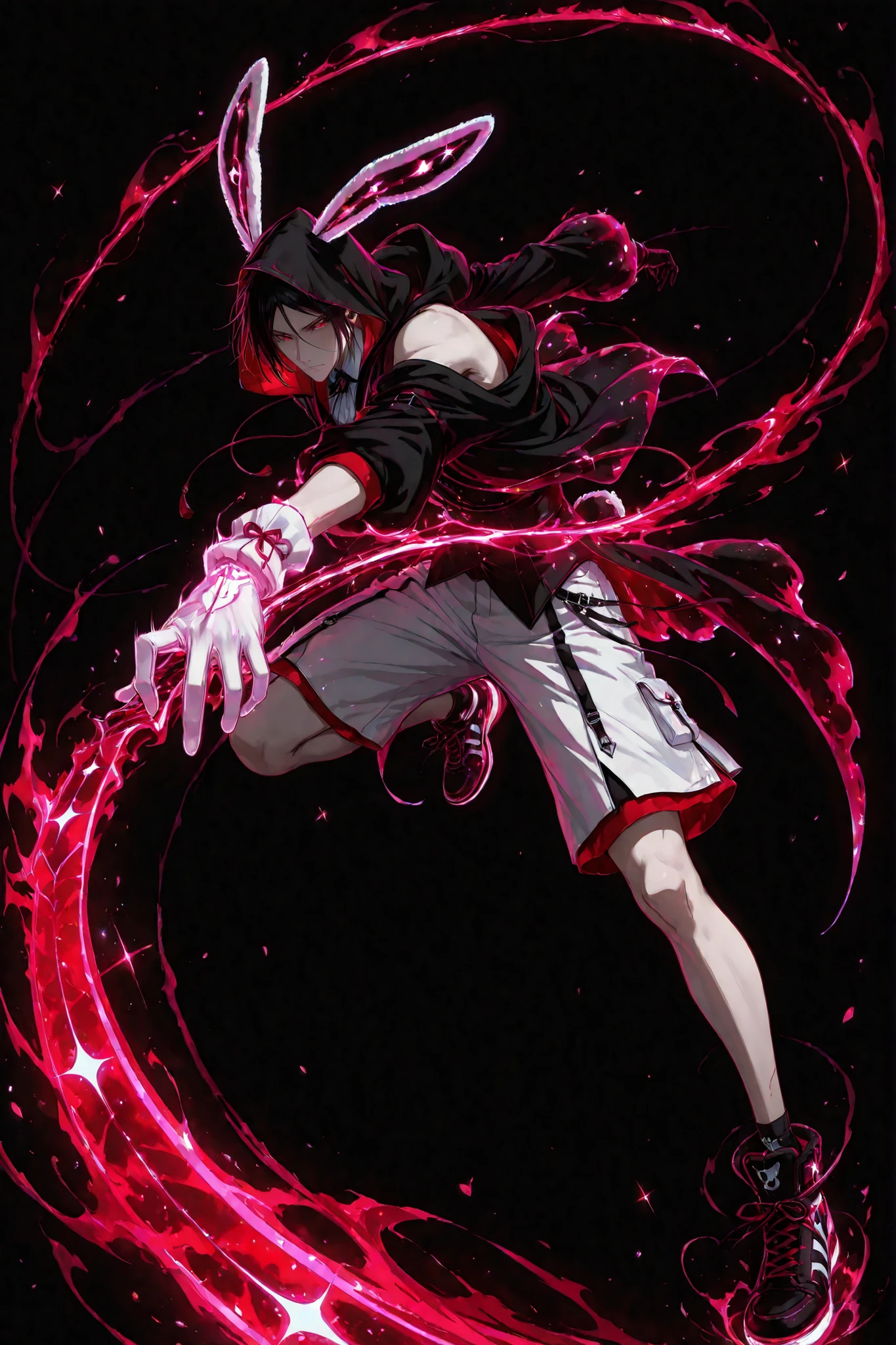neon art, neon lineart, blue neon lineart, neon silhouette, silhouette, neon colors, glowing, glow effect, bright outlines, vibrant colors, high contrast, dark background, digital art, 1 man, adult, Sebastian Michaelis, Kuroshitsuji, solo, black hair, red eyes, handsome, sexy man, sensual, pale skin ,. nonchalant, male cool clothes, cool fashion, intricate clothes, intricate accessories, intricate patterns, cool, stylish, black top, bare shoulders, hood, rabbit hood, hood up, hood with neon trims, white shorts, shorts with neon trims, sneaker, black sneaker, single glove, white glove, solo, glowing eyes, looking at viewer, dynamic shot, dynamic view, dynamic composition, dynamic action pose, ((dynamic pose, foreshortening:1.3)), red aura, motion lines, action scene, motion blur, bokeh, glittering, sparkling, (((black background)))