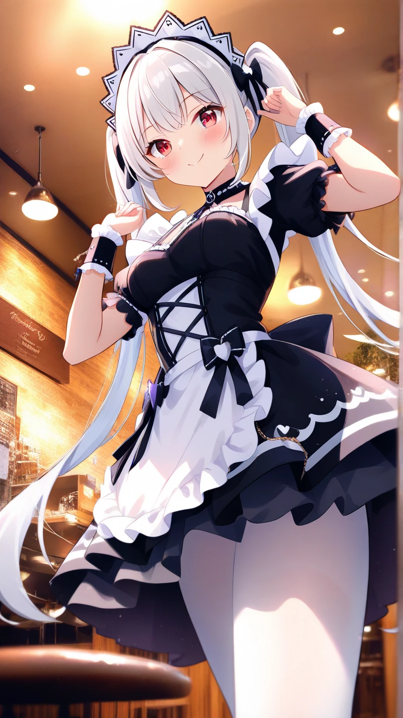 A girl with white hair with pink , blue eyes , tender look , girl suit {{Kind of Maid}} {{Little girl}} hair neither so short nor so long  , passive smile 