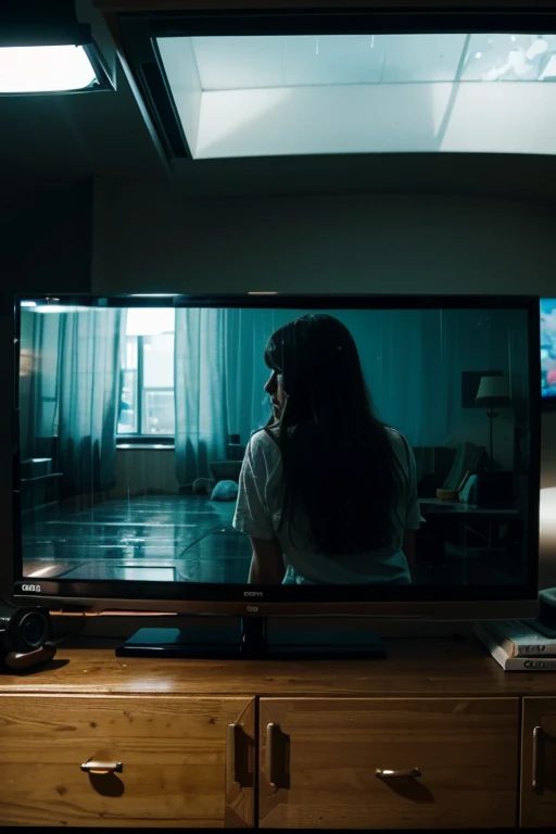 Long-haired woman facing backwards and watching tv, her body not covering the screen. at night in the aesthetic room