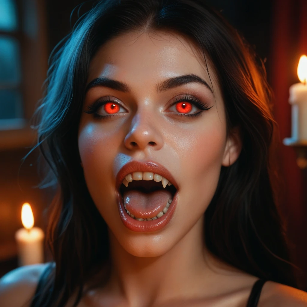 a portrait of vampire with a bloody tear coming down from the eye, an exotic beautiful female vampire, black hair color, dynamic hair style, ultra detailed face, best detailed face, silver eye color, (1single red teardrop: 1.3)), ((tear drop made from blood)), ((teardrop coming down from the eye: 1.3)), small cleavage, wearing two black diamond earrings, Ultra-high resolution, High Contrast, (masterpiece:1.5), highest quality, Best aesthetics), 16K fantasy art, best details, best quality, highres, (ultra wide angle: 1.2), 16k, [ultra detailed], masterpiece, best quality, (extremely detailed), ladyshadow, magical sky, crying style, vampire teeth
